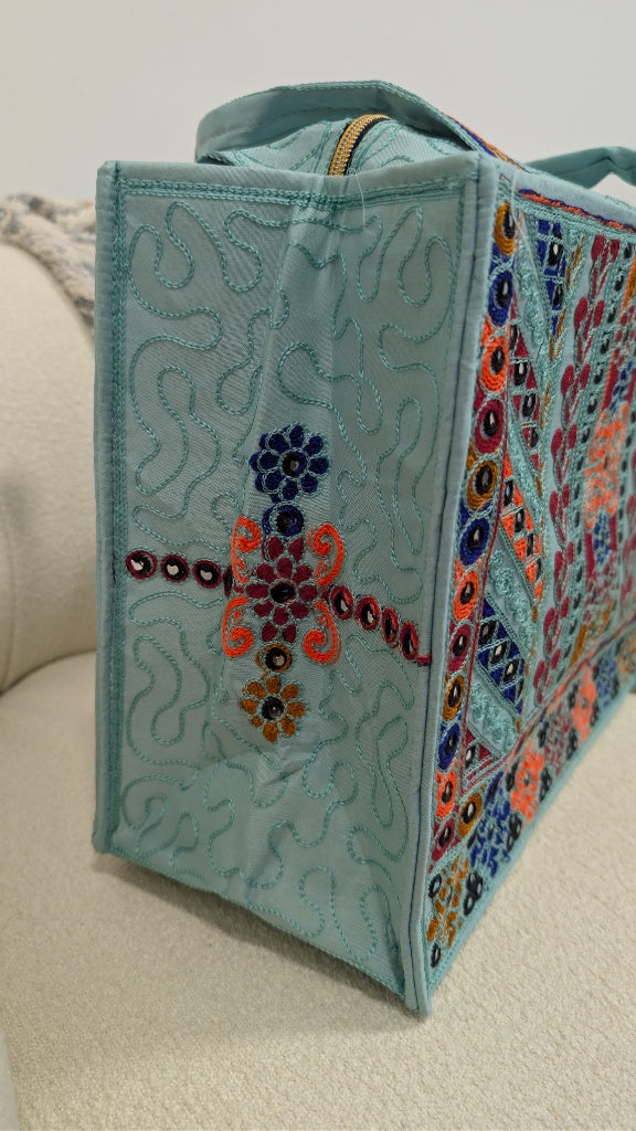 Handcrafted Light Blue Tote Bag with Traditional Multani Geometric Embroidery