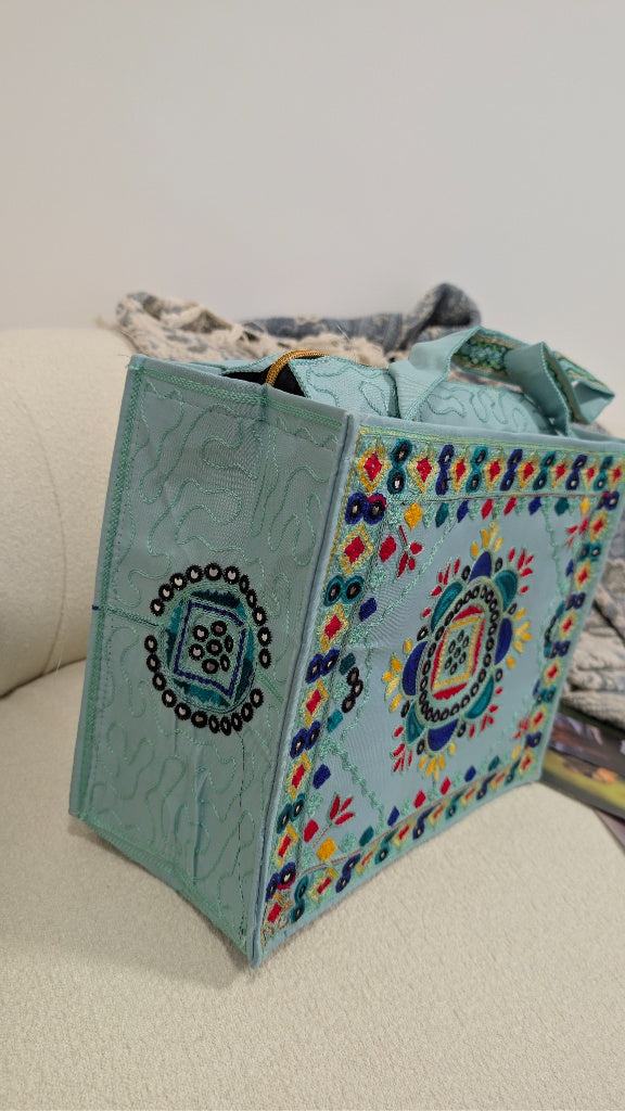 Handcrafted Light Blue Jute Tote Bag with Traditional Multani Geometric Embroidery