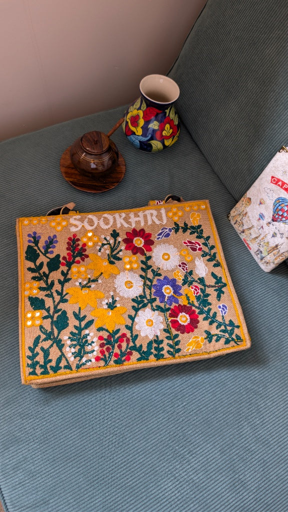 Handcrafted Jute Tote Bag with Traditional Multani Floral Embroidery