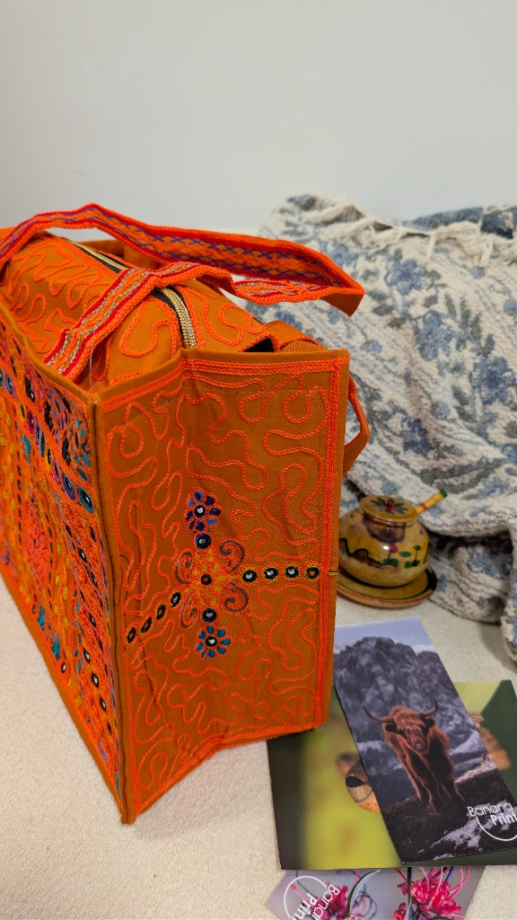 Handcrafted Orange Jute Tote Bag with Traditional Multani Geometric Embroidery