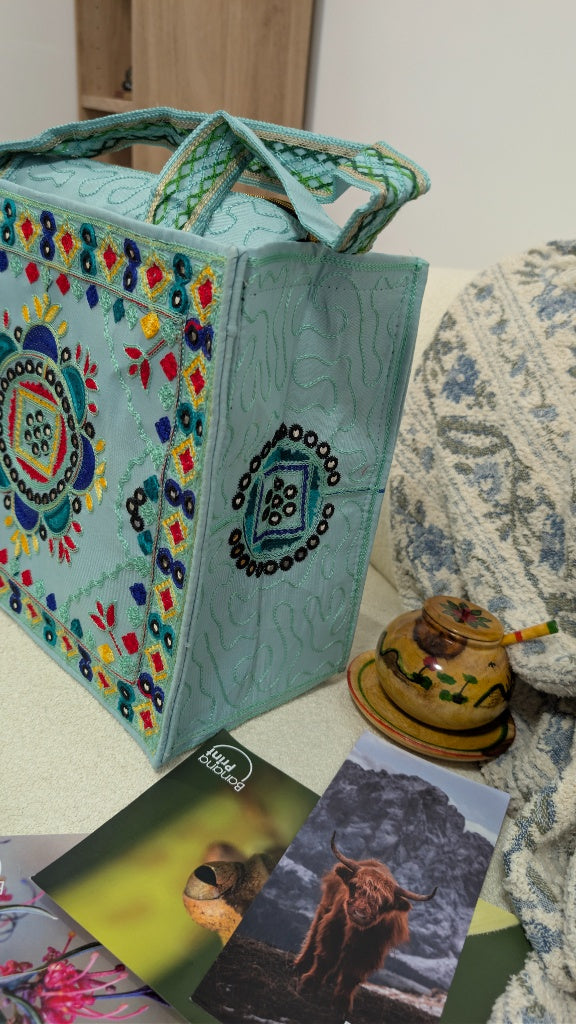 Handcrafted Light Blue Jute Tote Bag with Traditional Multani Geometric Embroidery