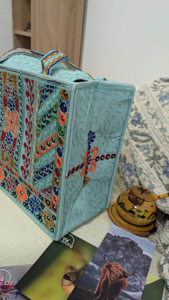 Handcrafted Light Blue Tote Bag with Traditional Multani Geometric Embroidery