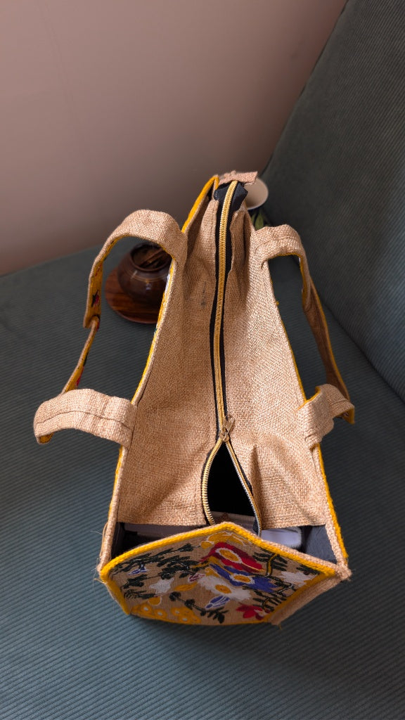 Handcrafted Jute Tote Bag with Traditional Multani Floral Embroidery