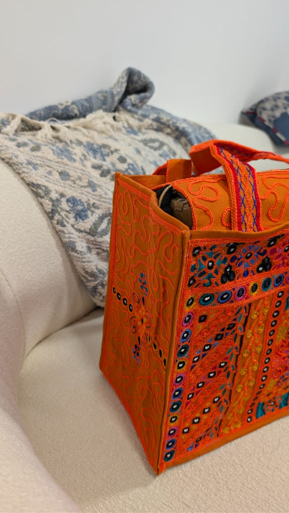 Handcrafted Orange Jute Tote Bag with Traditional Multani Geometric Embroidery