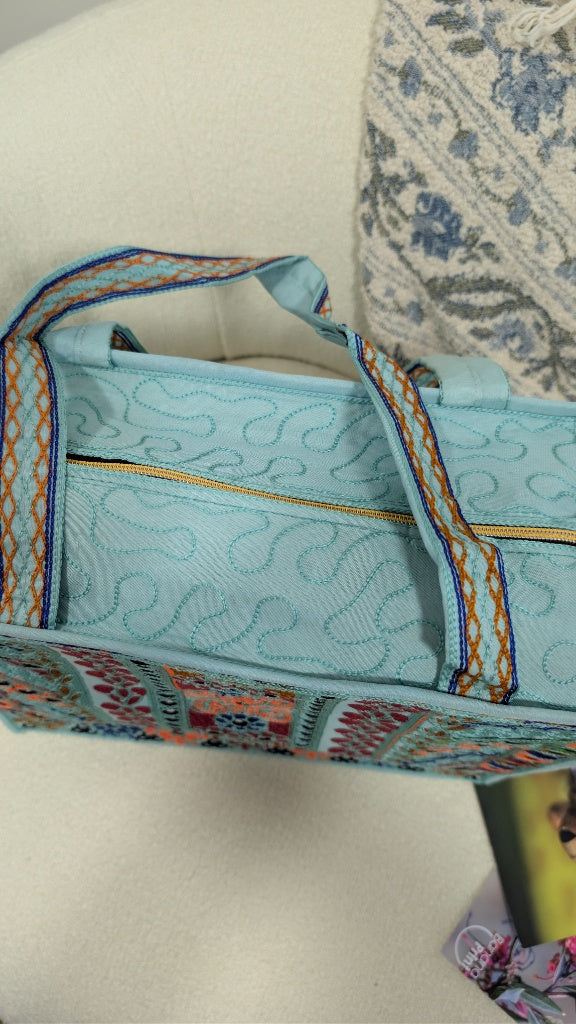 Handcrafted Light Blue Tote Bag with Traditional Multani Geometric Embroidery