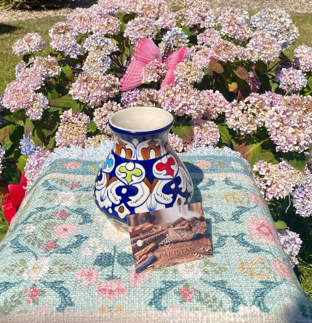 Hand-Painted Multani Ceramic Decorative Vase – Traditional Blue & Multi-Colour Leafy