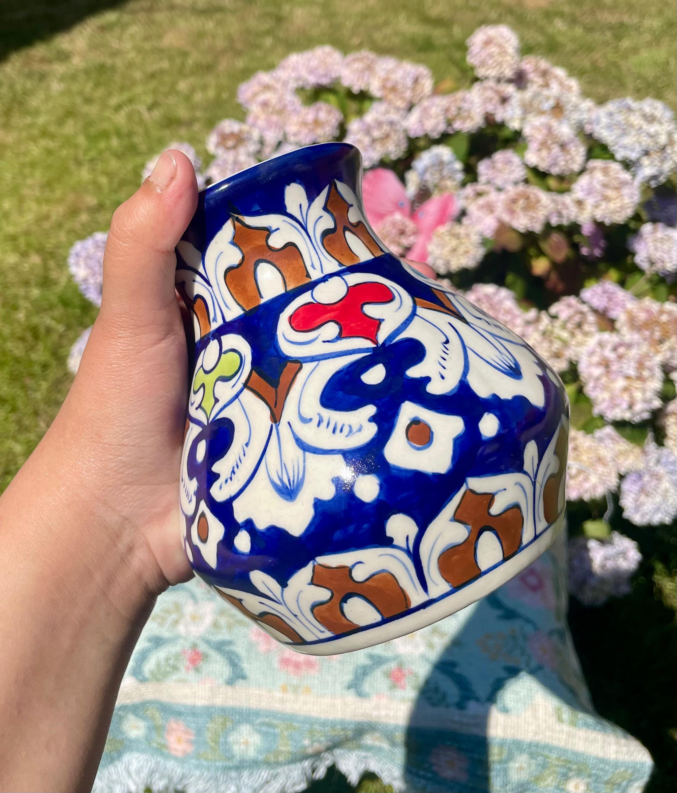 Hand-Painted Multani Ceramic Decorative Vase – Traditional Blue & Multi-Colour Leafy