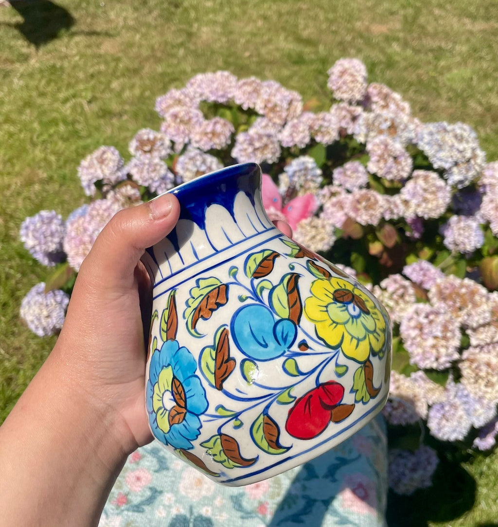 Hand-Painted Multani Ceramic Decorative Vase – Traditional Blue & Multi-Colour Floral Art
