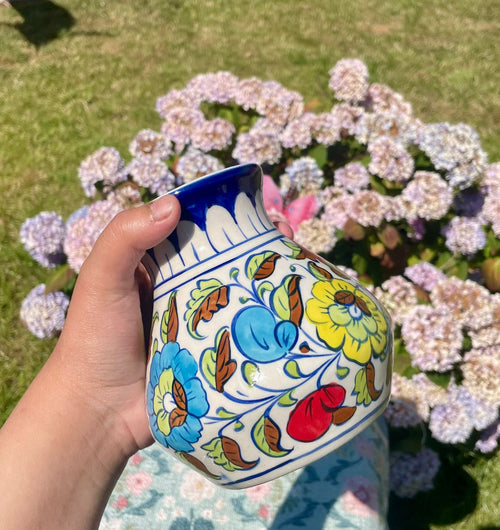Hand-Painted Multani Ceramic Decorative Vase – Traditional Blue & Multi-Colour Floral Art
