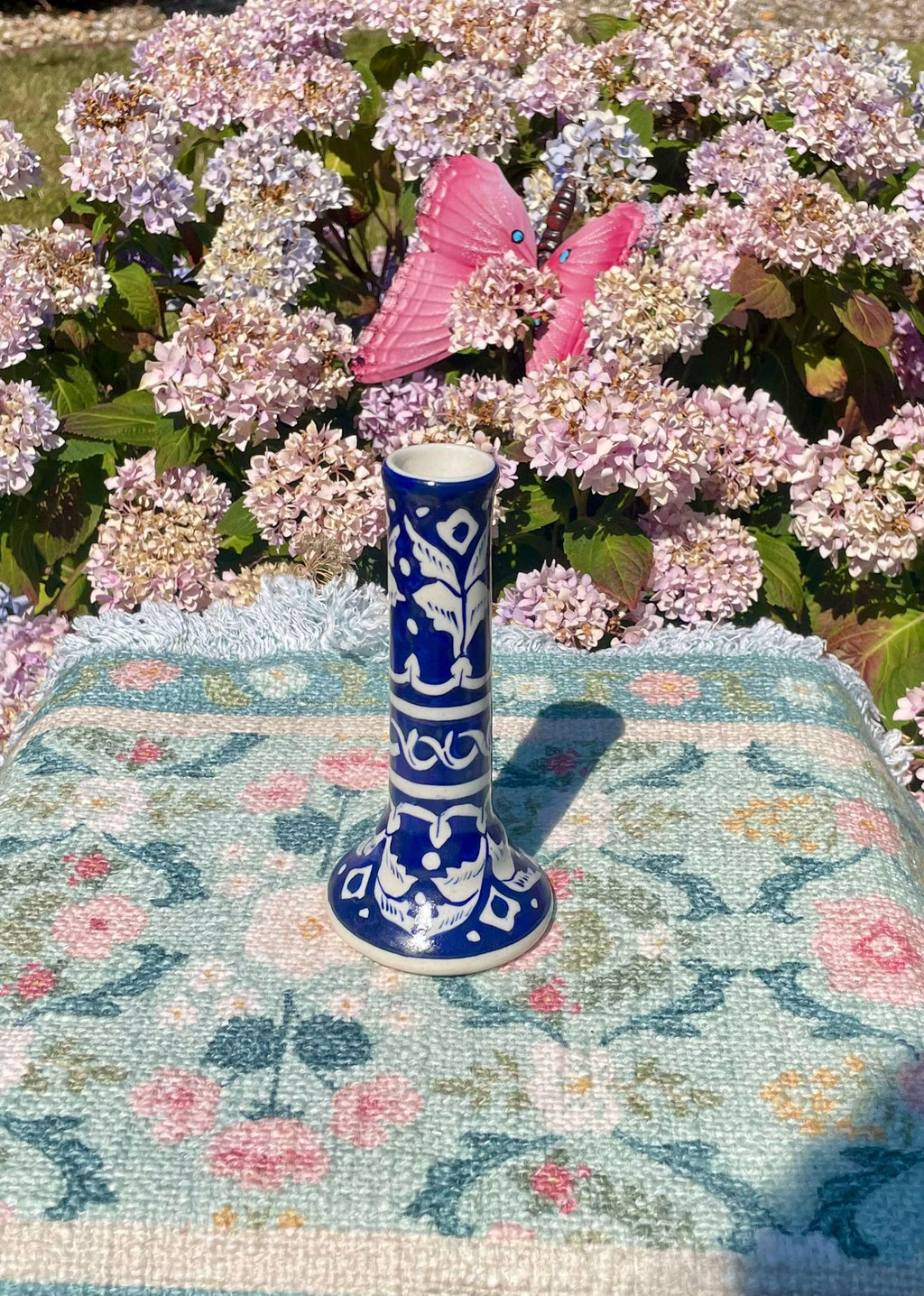 Traditional Hand-Painted Ceramic Candlestick / Bud Vase – Cobalt Blue Floral
