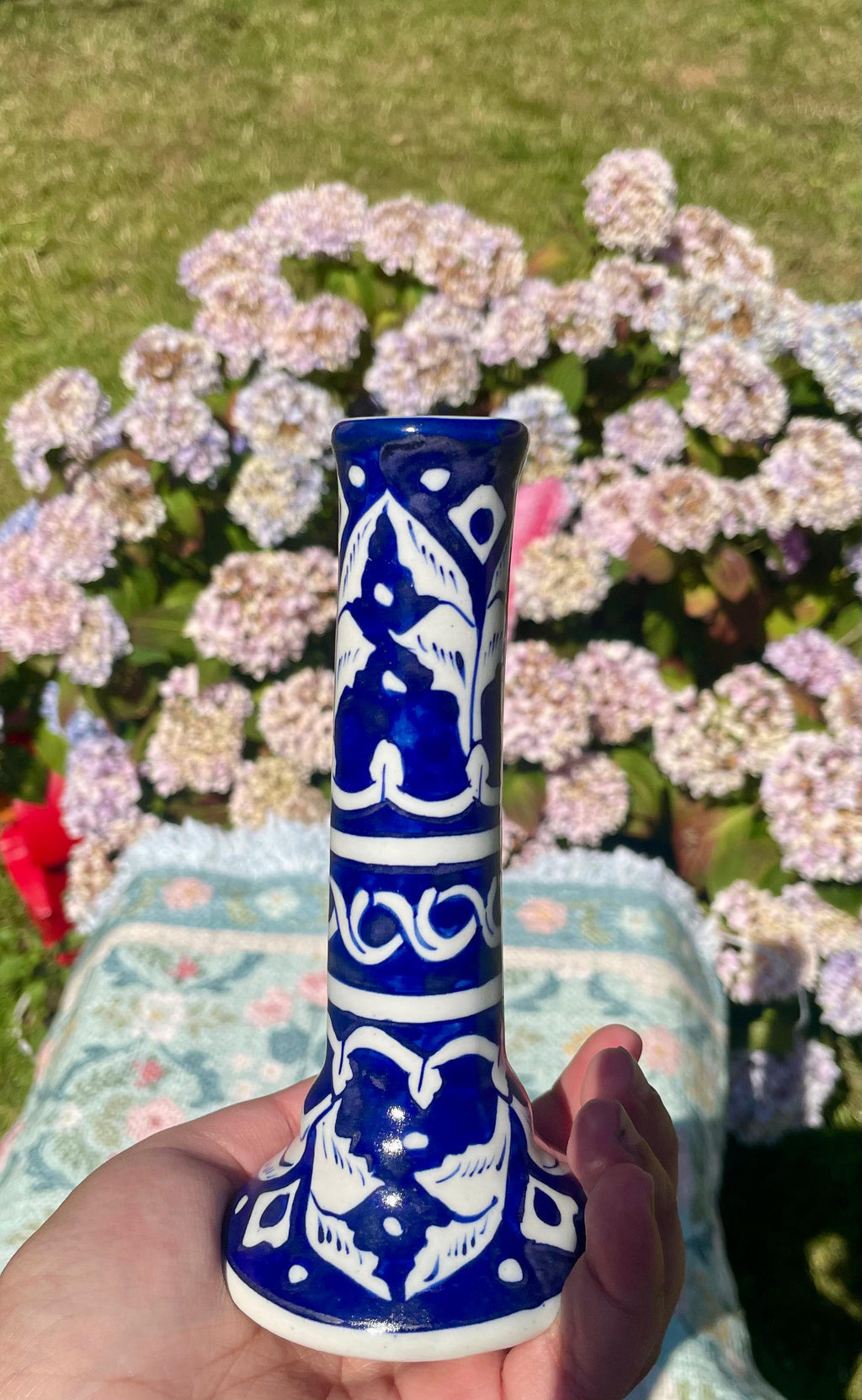 Traditional Hand-Painted Ceramic Candlestick / Bud Vase – Cobalt Blue Floral