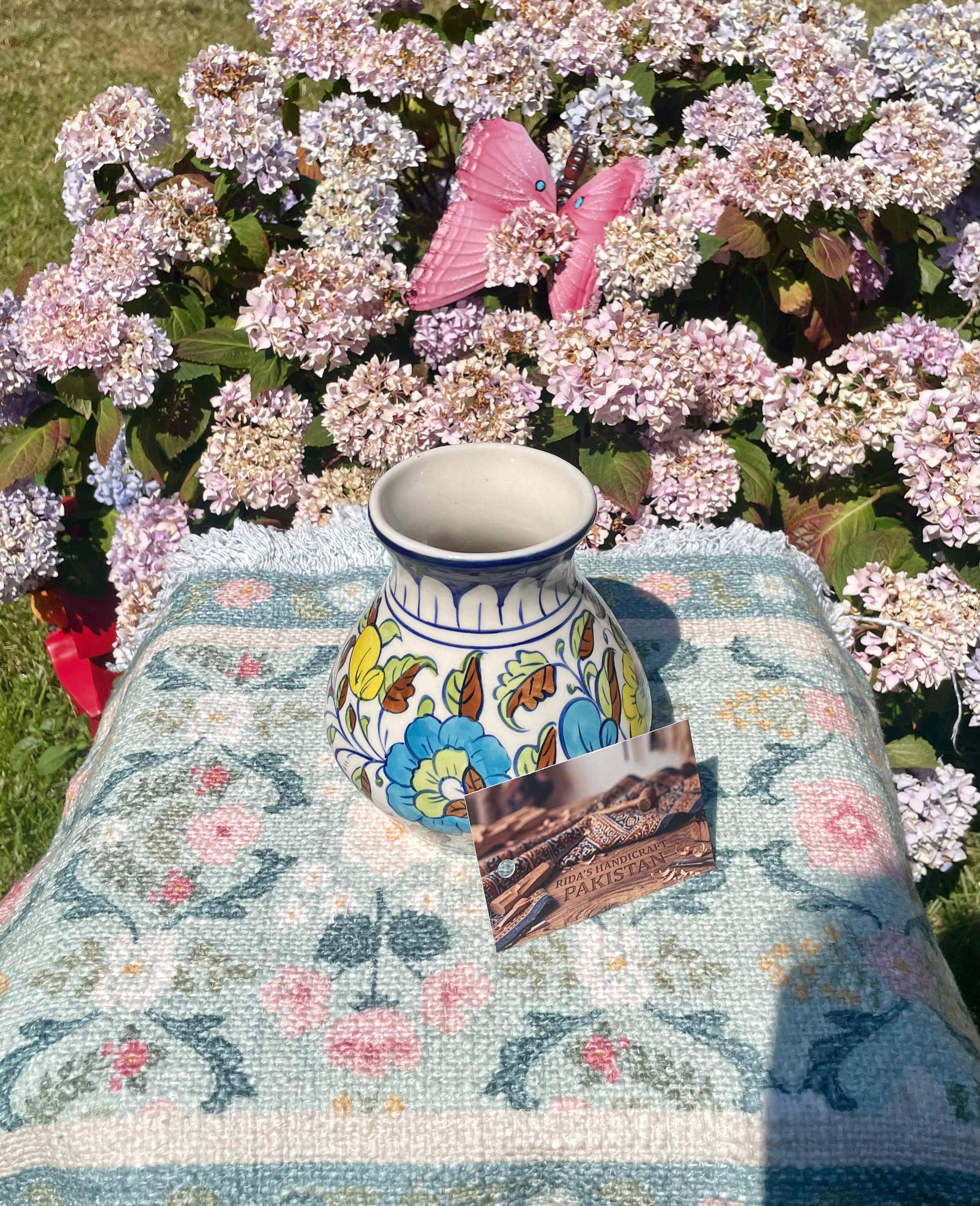 Hand-Painted Multani Ceramic Decorative Vase – Traditional Blue & Multi-Colour Floral Art
