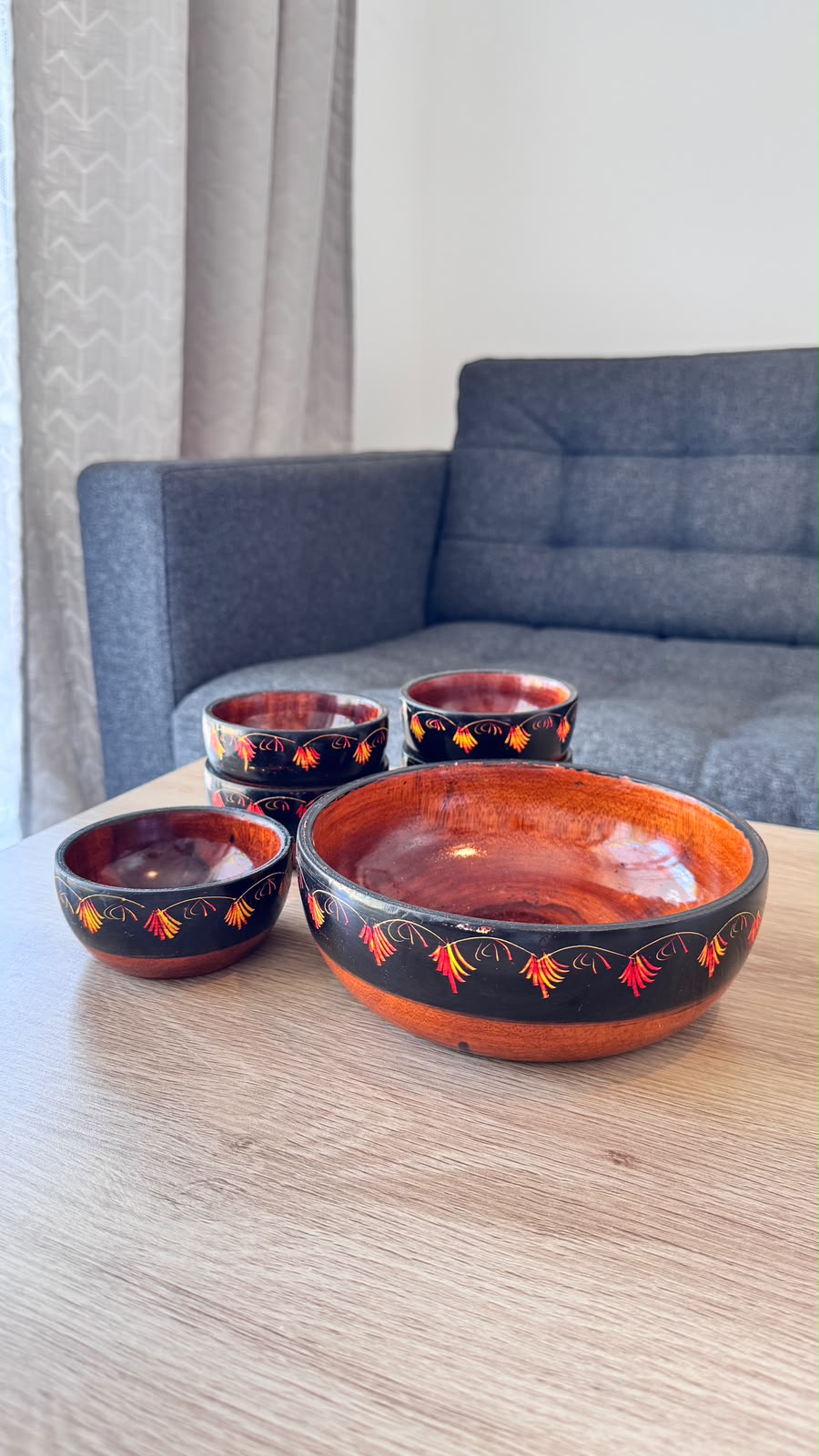 Handmade Wooden Bowl Set of 7 – Lacquer Art Serving Bowls (1 Large & 6 Small)