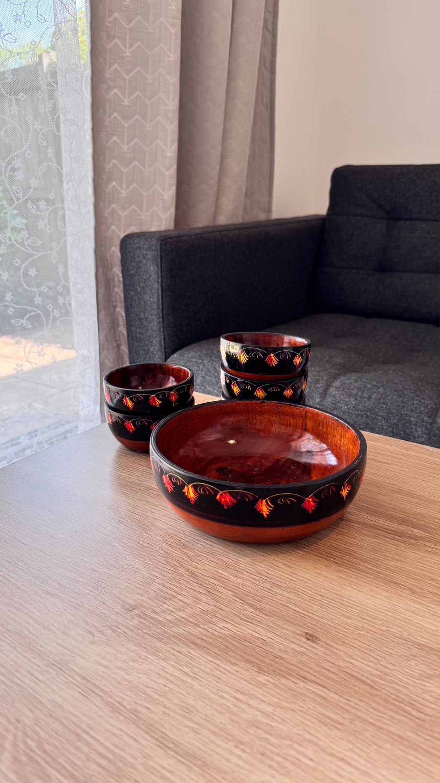 Handmade Wooden Bowl Set of 7 – Lacquer Art Serving Bowls (1 Large & 6 Small)