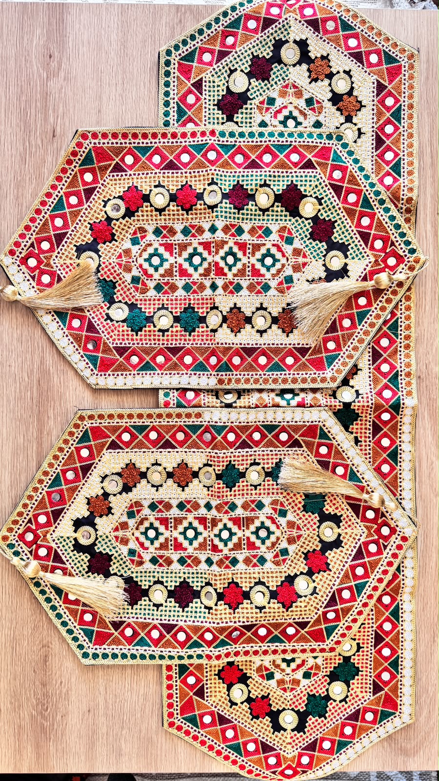 Handmade Traditional Table Runner Set of 3 – Embroidered South Asian Runner