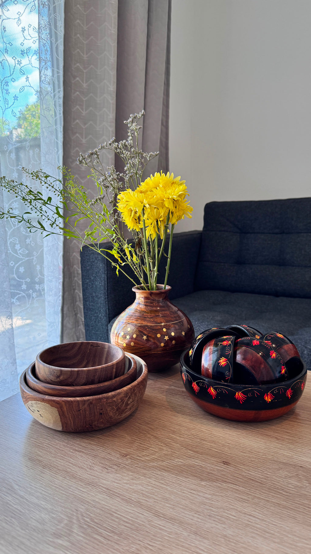 Handmade Wooden Bowl Set of 7 – Lacquer Art Serving Bowls (1 Large & 6 Small)