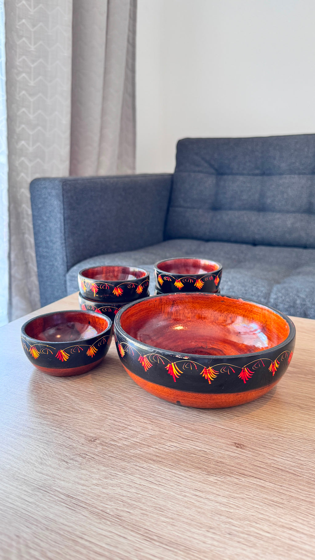 Handmade Wooden Bowl Set of 7 – Lacquer Art Serving Bowls (1 Large & 6 Small)