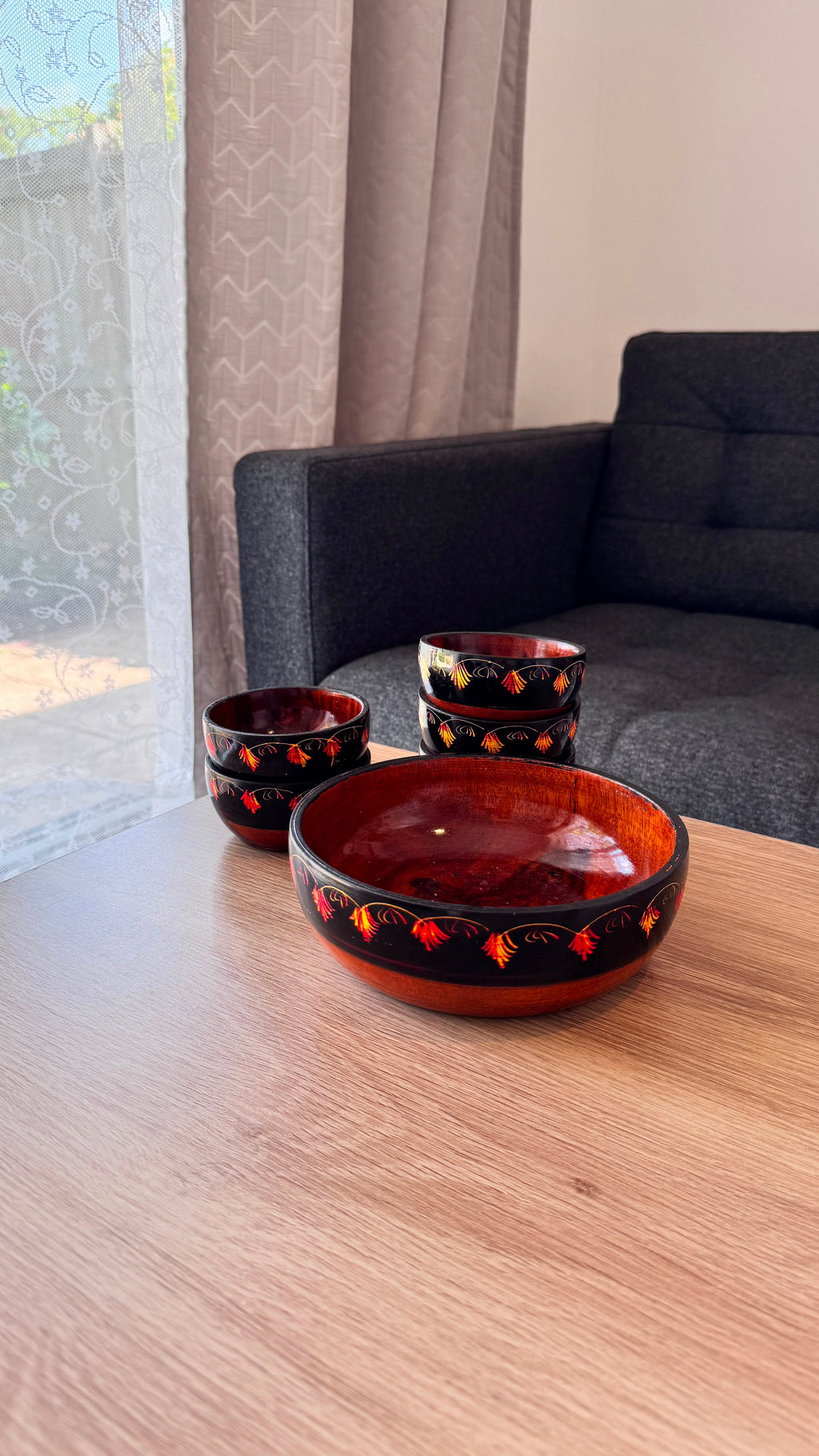 Handmade Wooden Bowl Set of 7 – Lacquer Art Serving Bowls (1 Large & 6 Small)