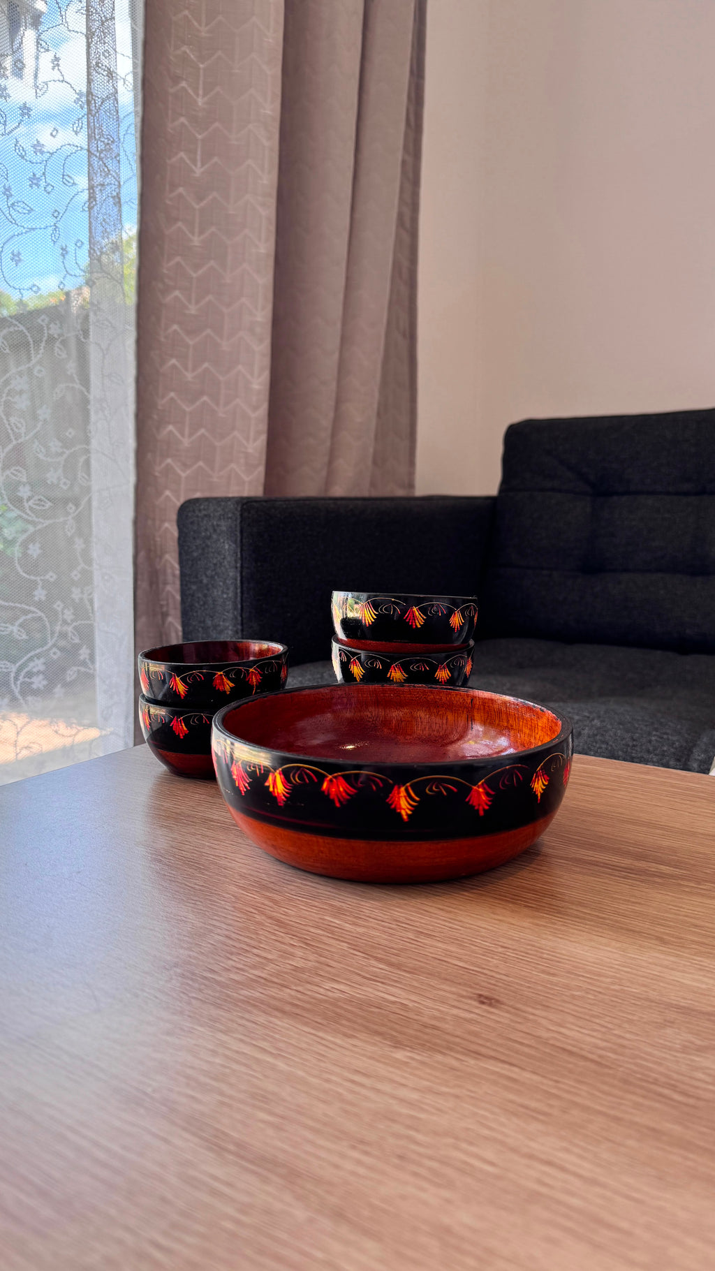 Handmade Wooden Bowl Set of 7 – Lacquer Art Serving Bowls (1 Large & 6 Small)
