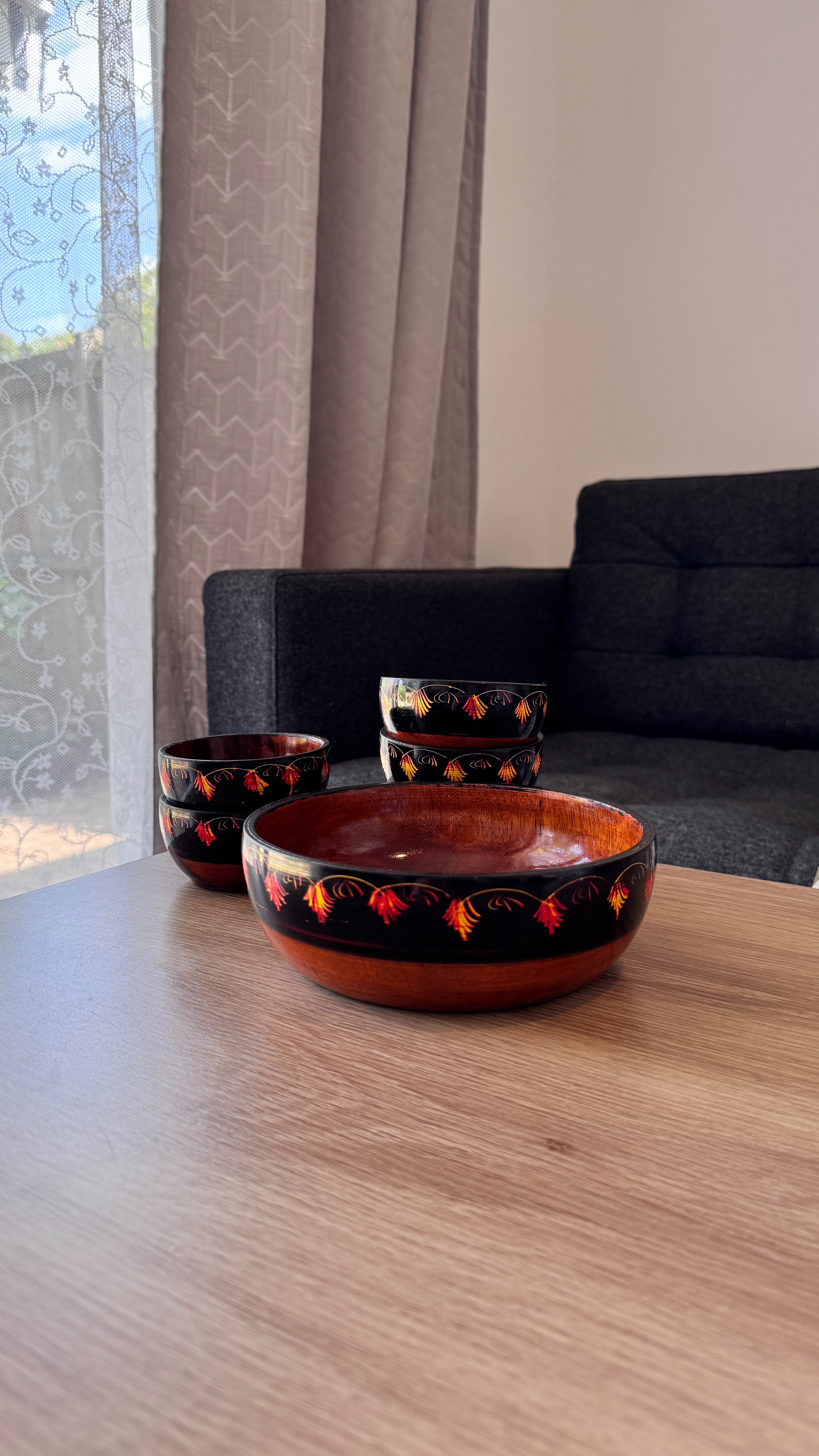 Handmade Wooden Bowl Set of 7 – Lacquer Art Serving Bowls (1 Large & 6 Small)