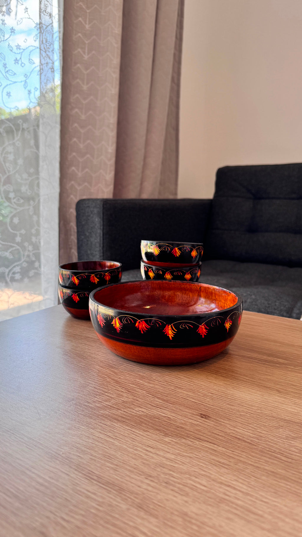 Handmade Wooden Bowl Set of 7 – Lacquer Art Serving Bowls (1 Large & 6 Small)