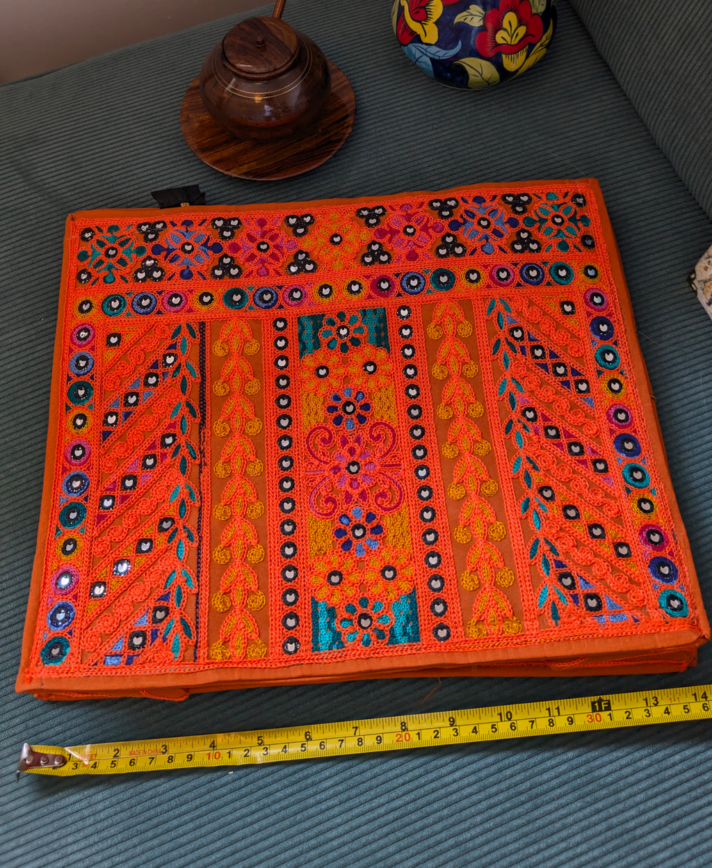 Handcrafted Orange Jute Tote Bag with Traditional Multani Geometric Embroidery