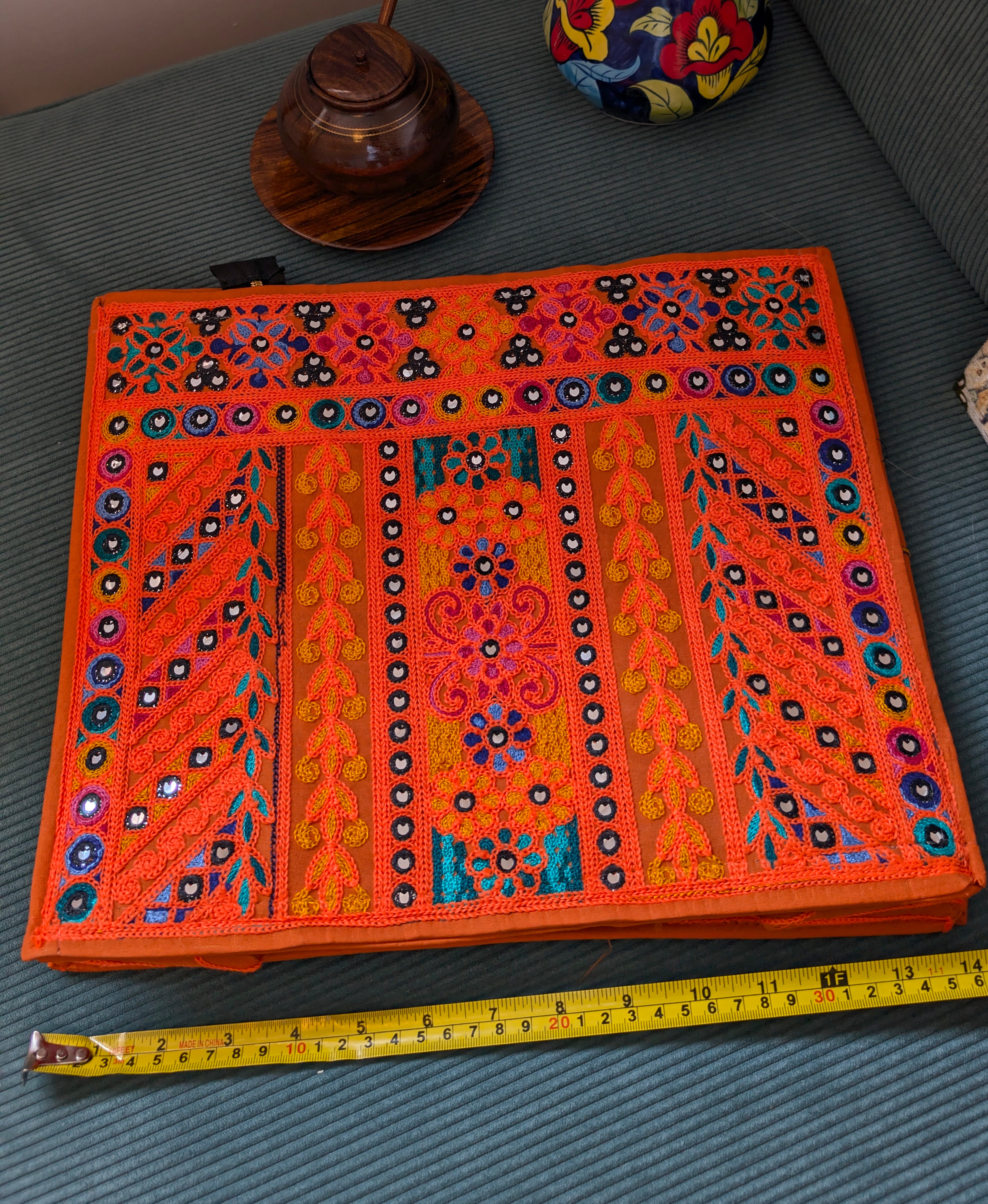 Handcrafted Orange Jute Tote Bag with Traditional Multani Geometric Embroidery