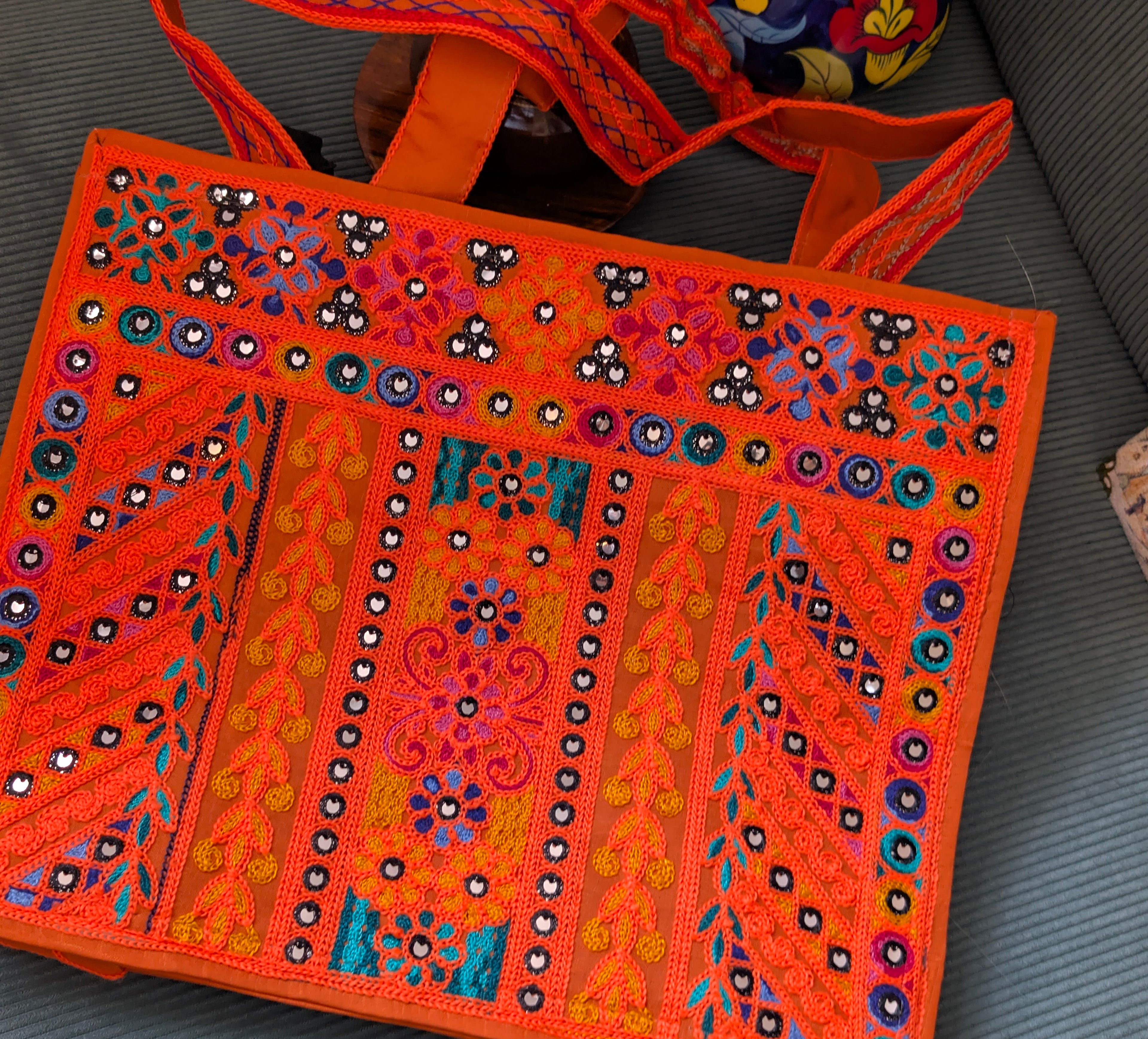 Handcrafted Orange Jute Tote Bag with Traditional Multani Geometric Embroidery