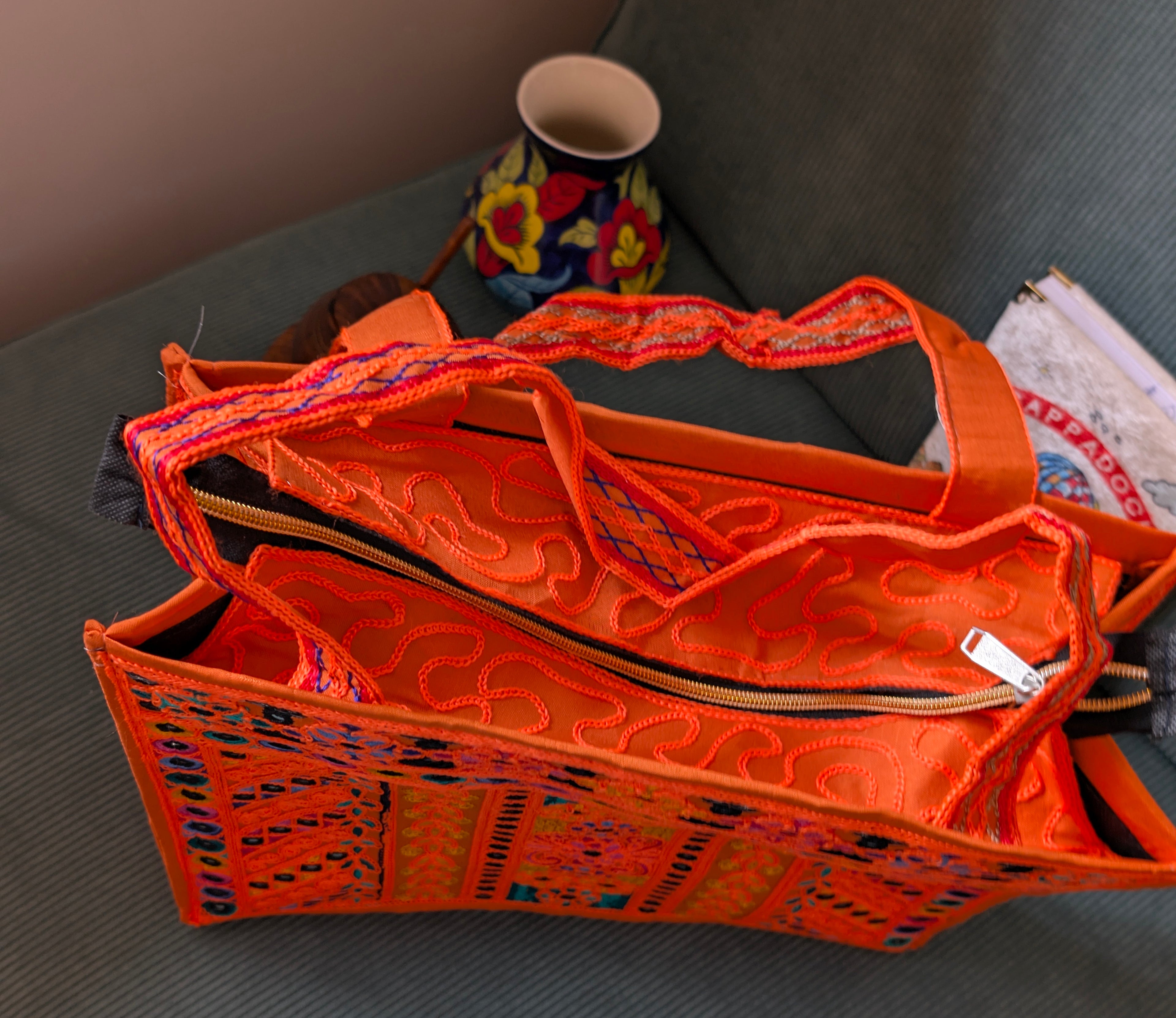 Handcrafted Orange Jute Tote Bag with Traditional Multani Geometric Embroidery