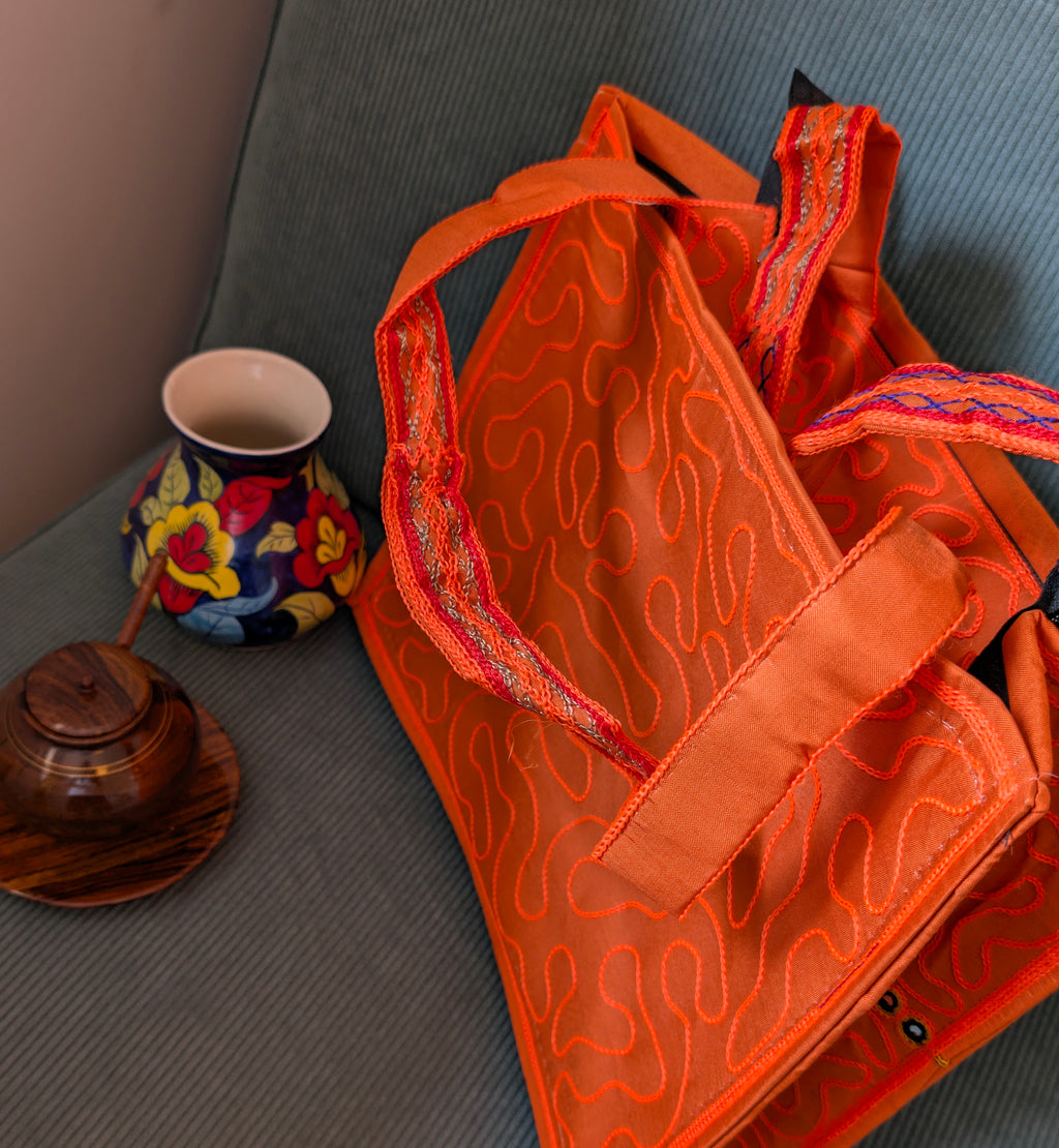 Handcrafted Orange Jute Tote Bag with Traditional Multani Geometric Embroidery