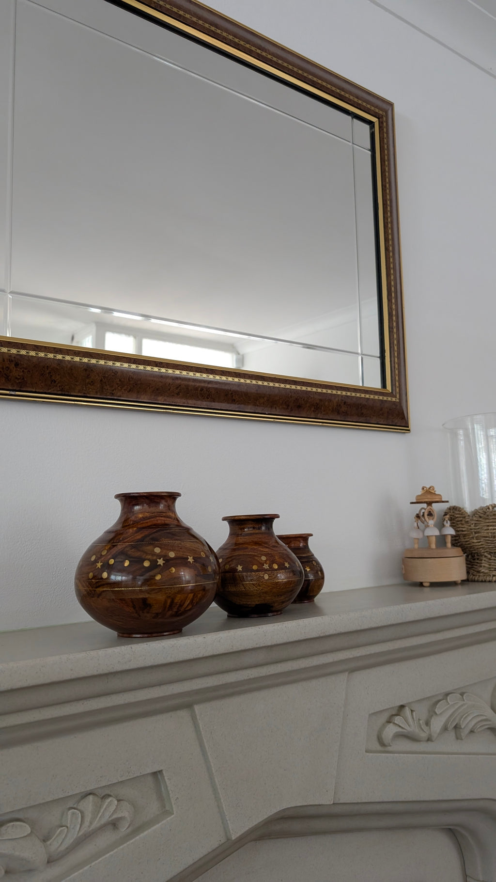 Hand-Turned Silanwali Wooden Vase Set (3-Piece) - Bras Inlay