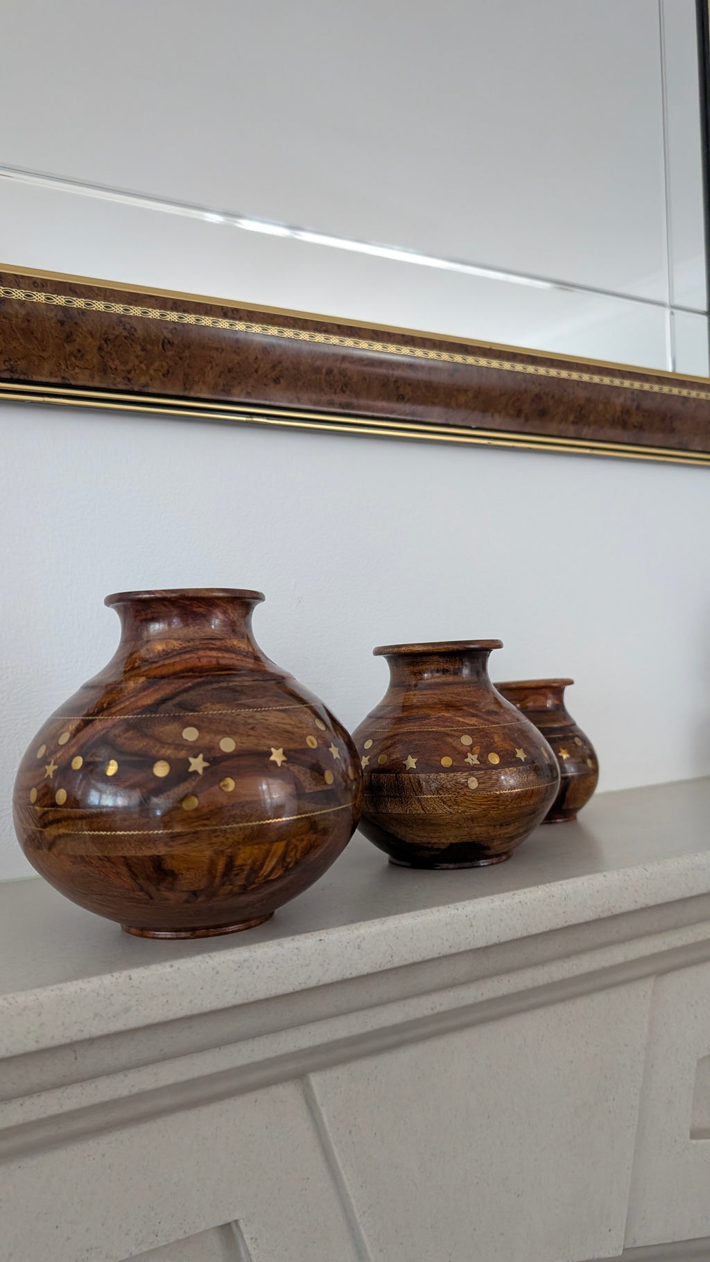 Hand-Turned Silanwali Wooden Vase Set (3-Piece) - Bras Inlay