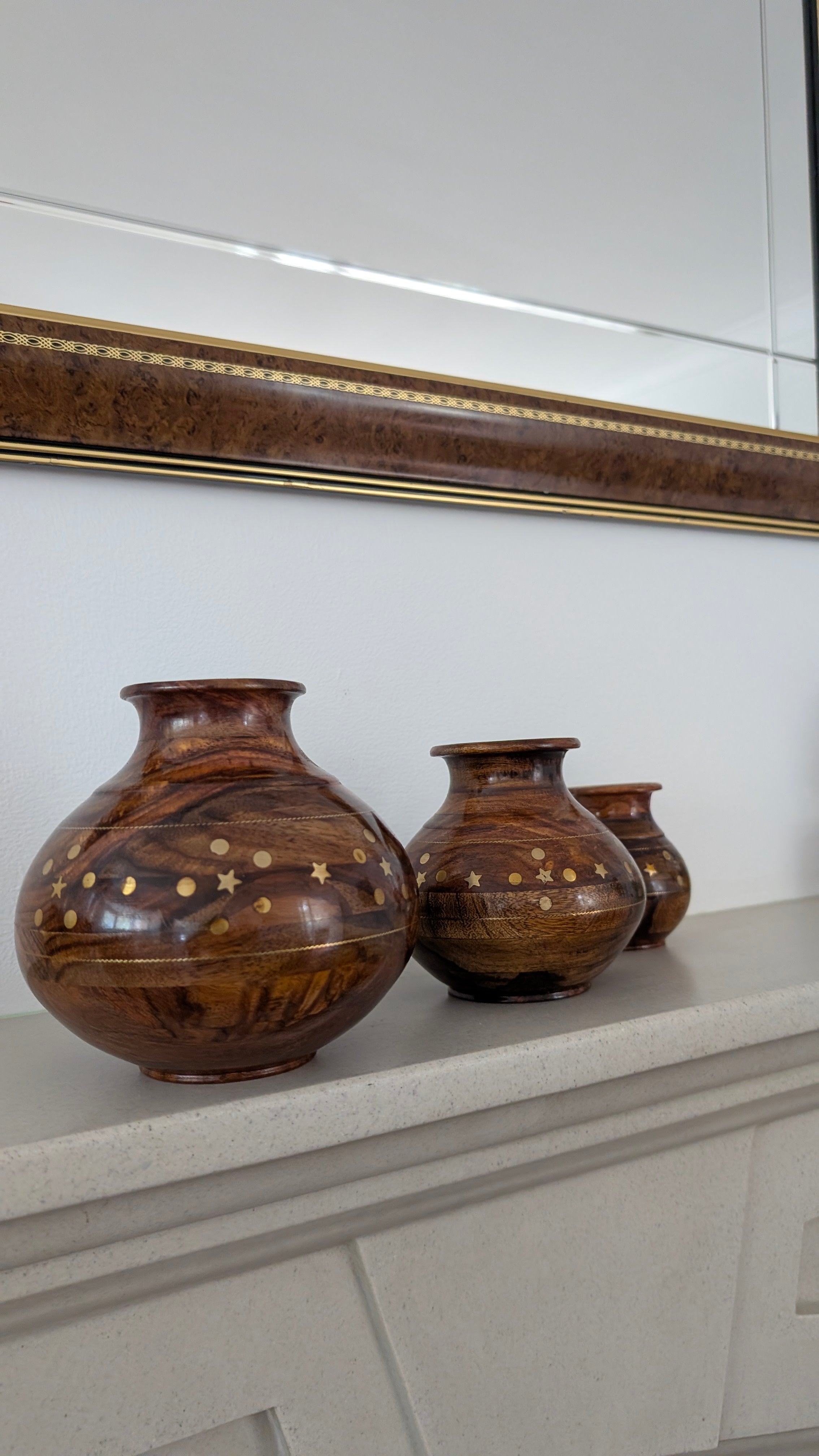 Hand-Turned Silanwali Wooden Vase Set (3-Piece) - Bras Inlay