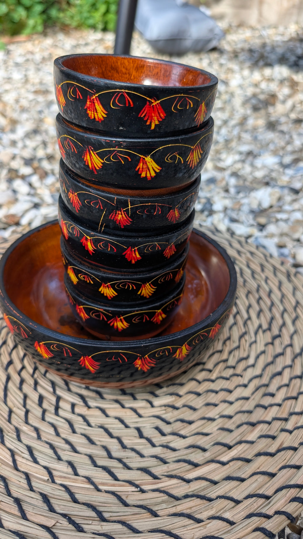 Handmade Wooden Bowl Set of 7 – Lacquer Art Serving Bowls (1 Large & 6 Small)