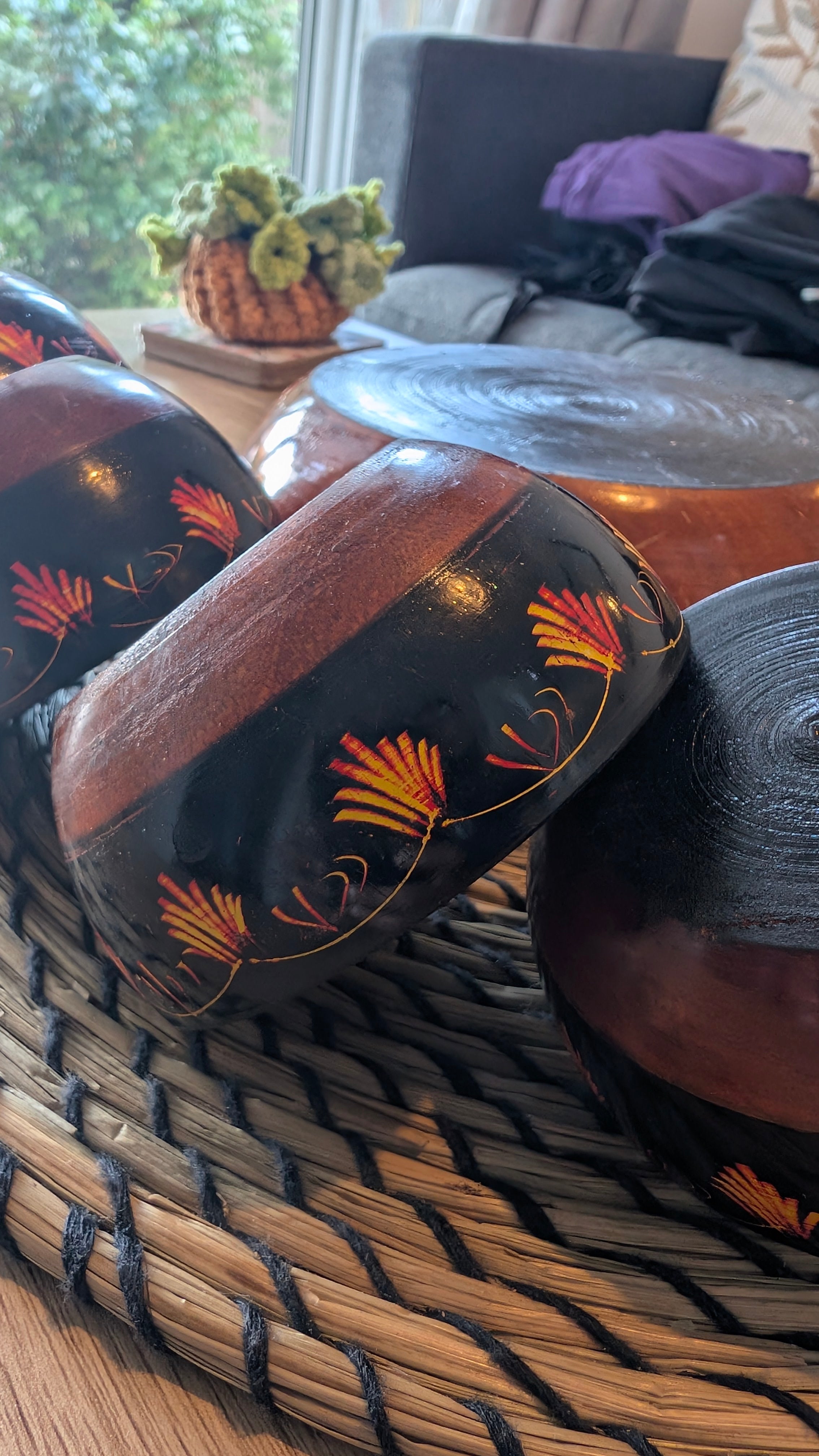 Handmade Wooden Bowl Set of 7 – Lacquer Art Serving Bowls (1 Large & 6 Small)
