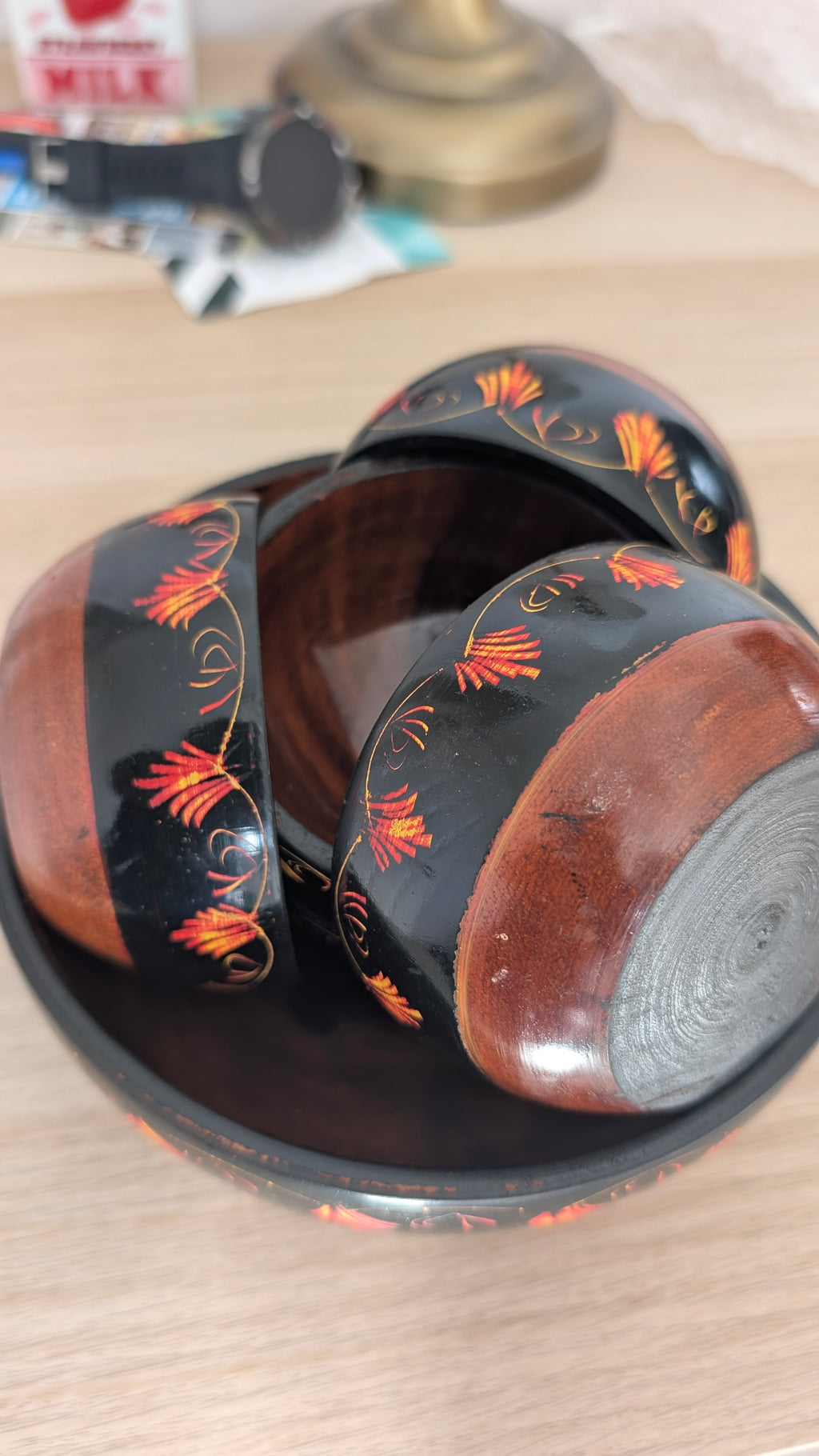 Handmade Wooden Bowl Set of 7 – Lacquer Art Serving Bowls (1 Large & 6 Small)