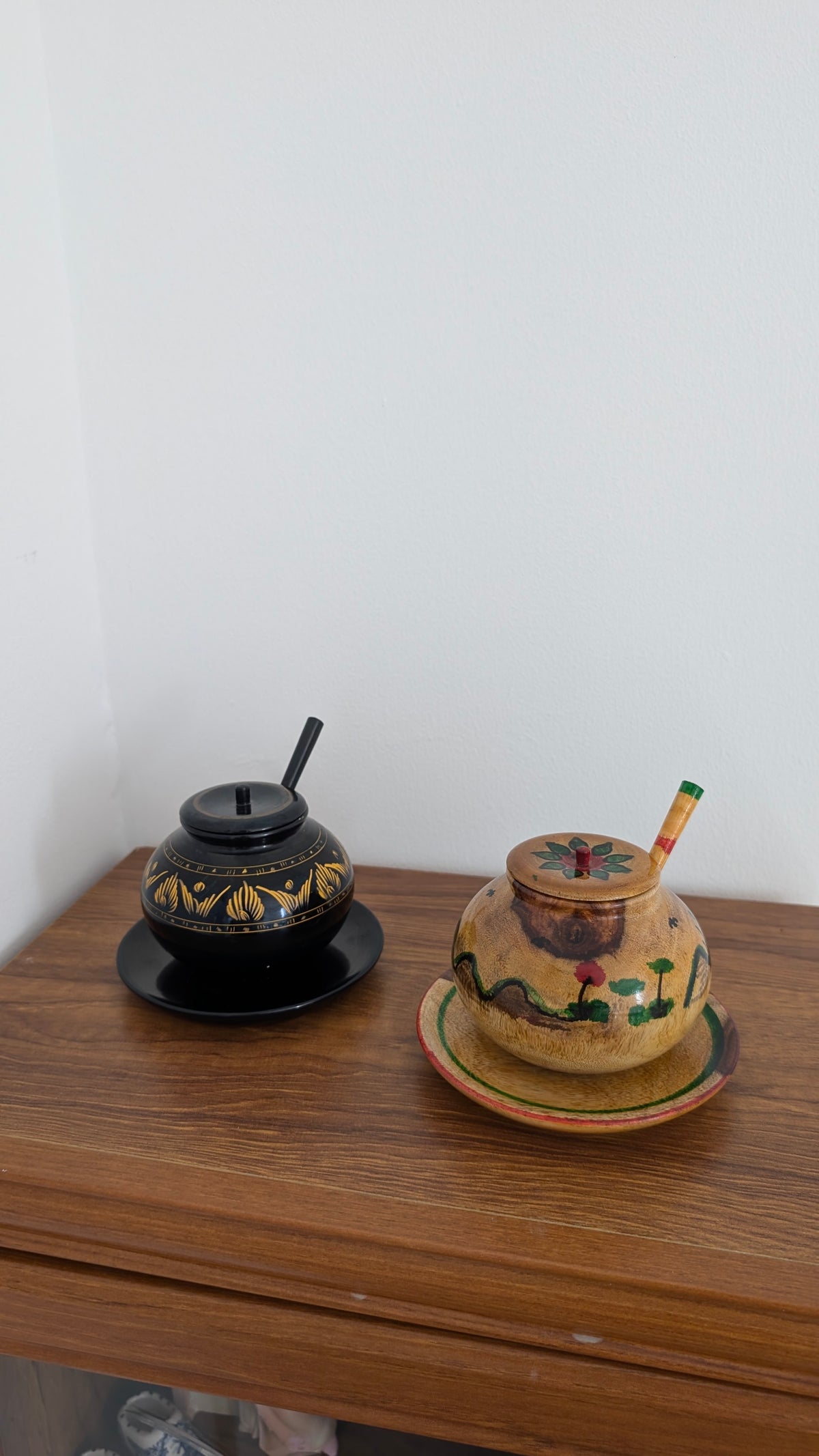 Handcrafted Wooden Pot with Lid & Spoon  | Artisanal Hand-Painted Condiment Jar (Pair)
