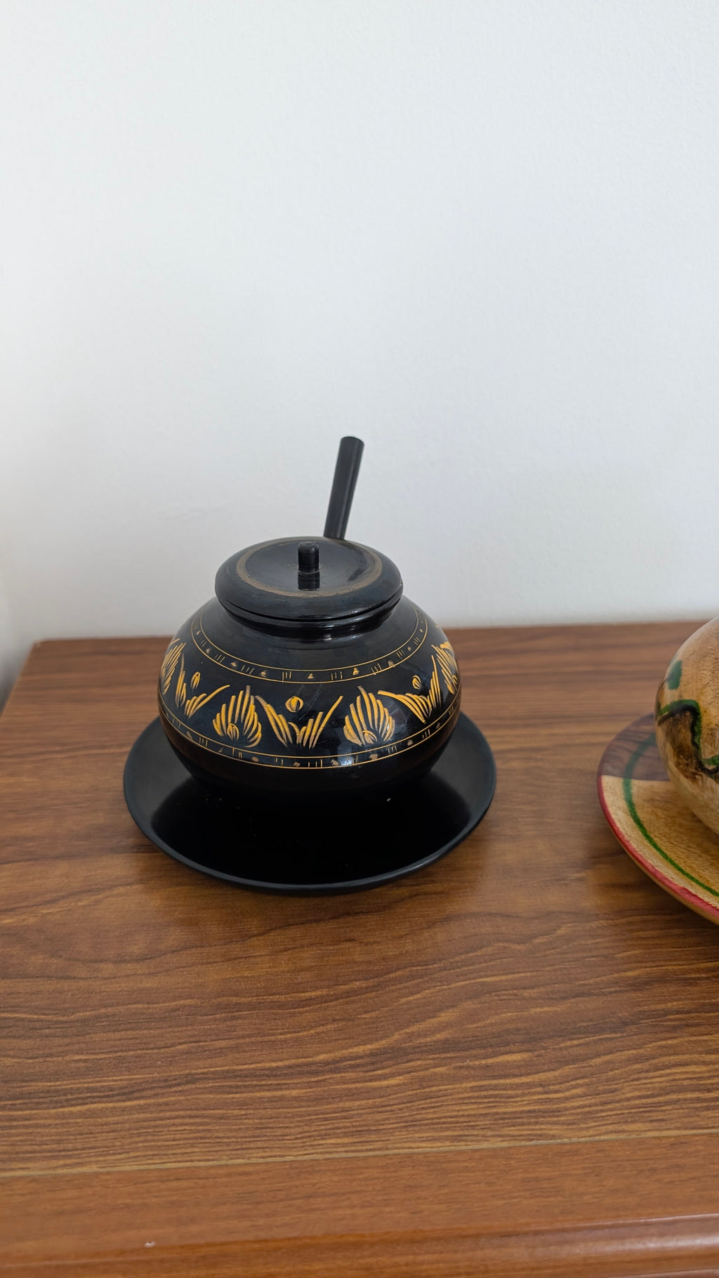 Handcrafted Wooden Pot with Lid & Spoon  | Artisanal Hand-Painted Condiment Jar (Pair)