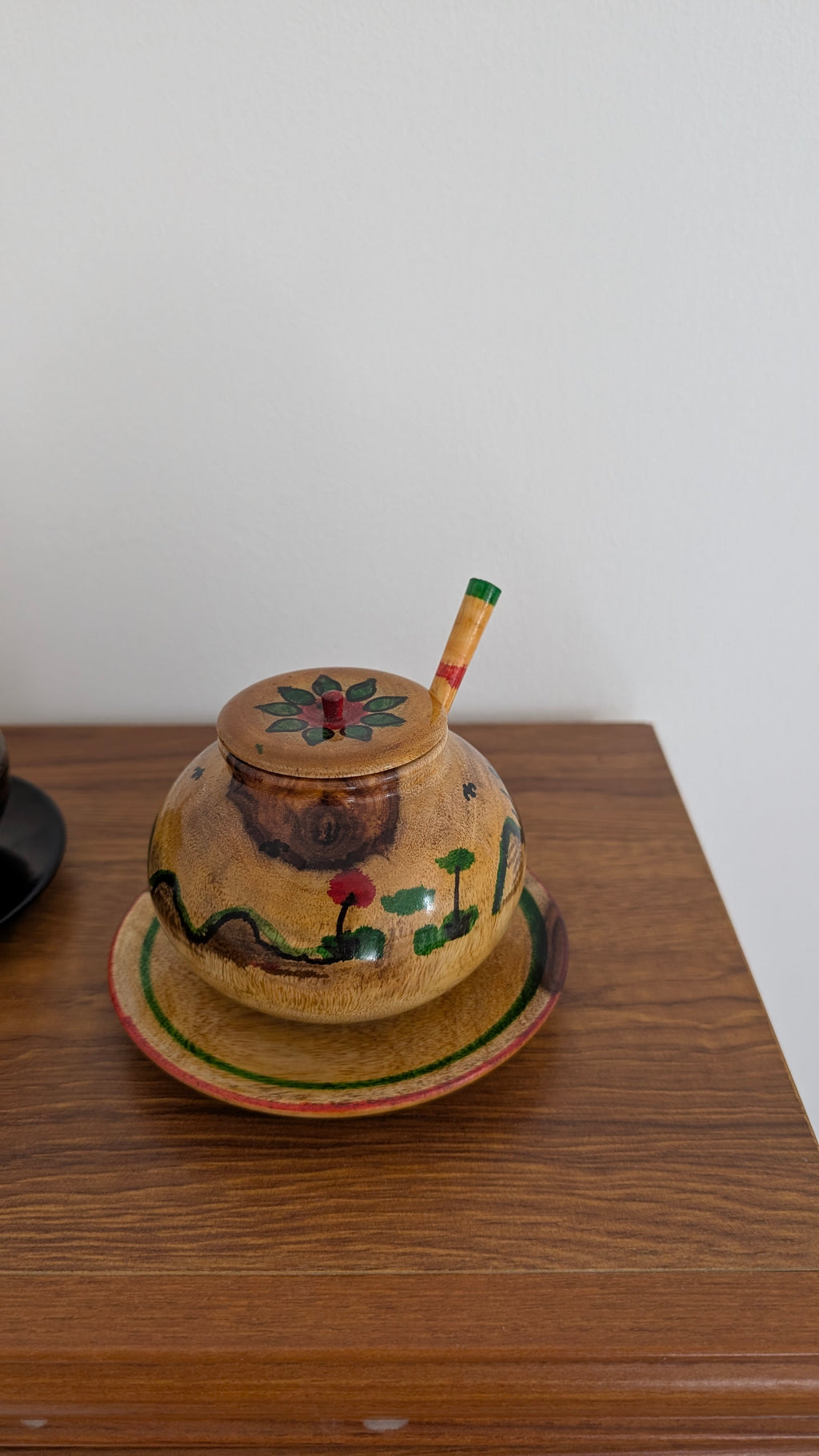 Handcrafted Wooden Pot with Lid & Spoon  | Artisanal Hand-Painted Condiment Jar (Pair)