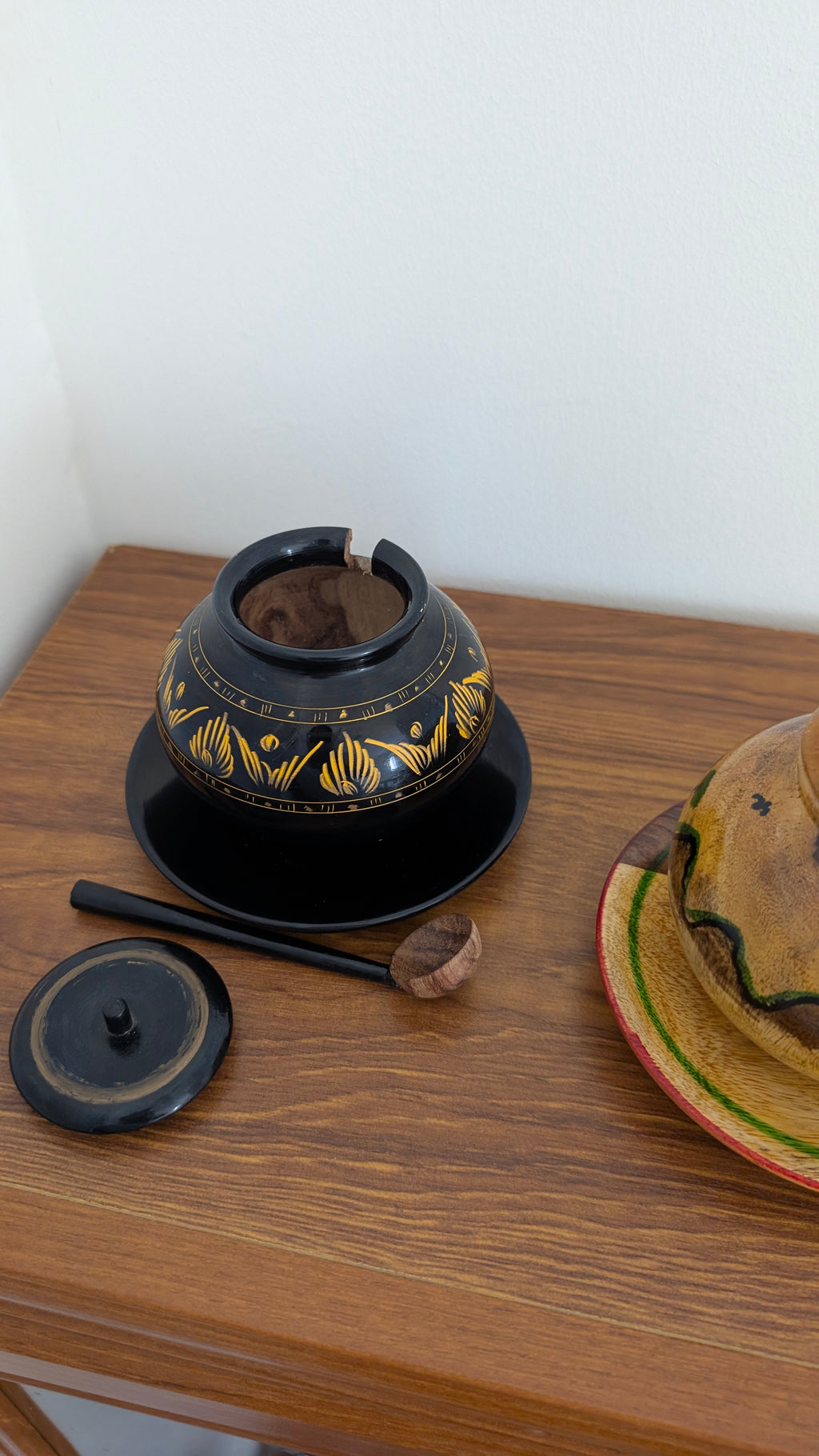Handcrafted Wooden Pot with Lid & Spoon  | Artisanal Hand-Painted Condiment Jar (Pair)