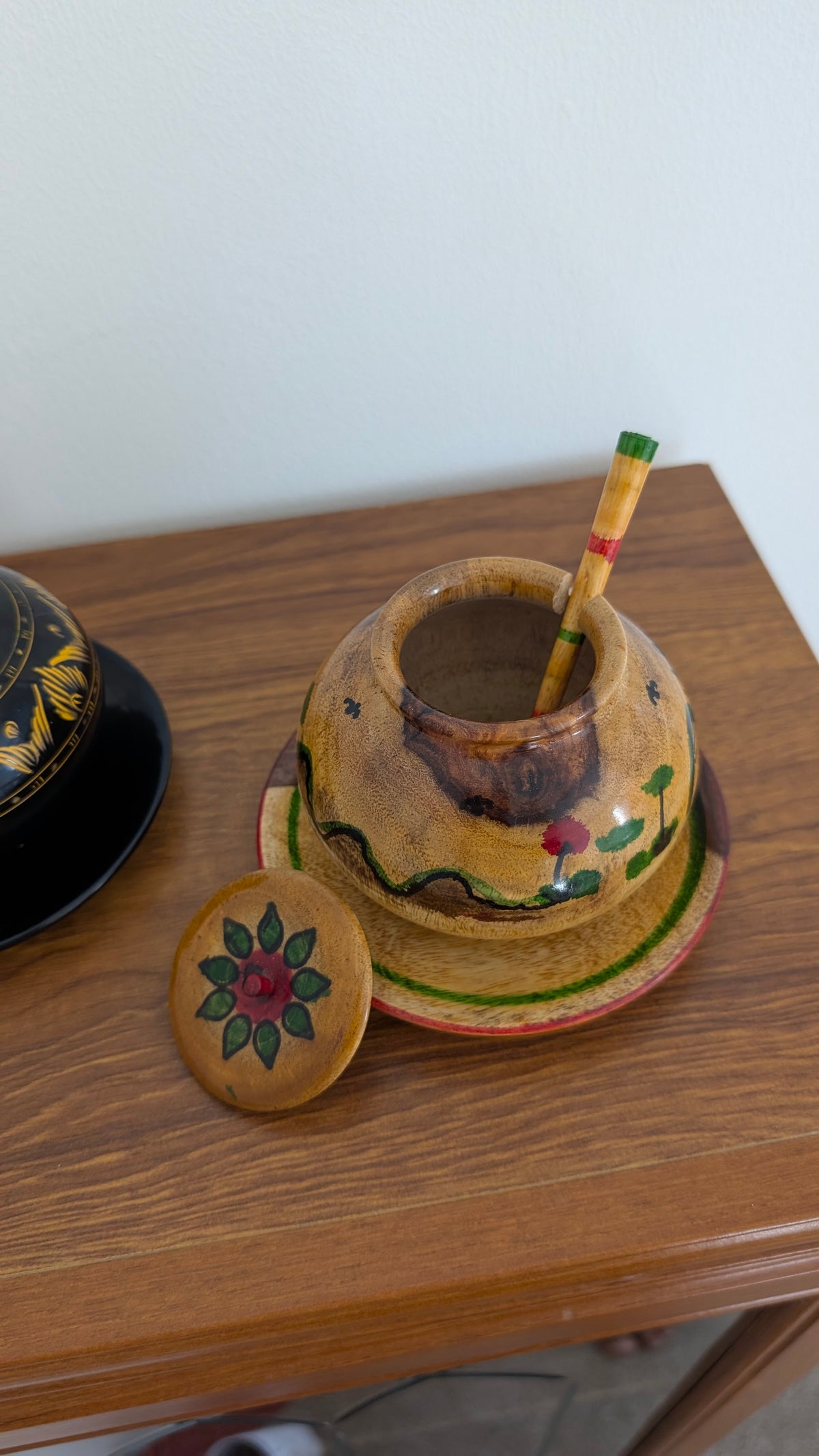 Handcrafted Wooden Pot with Lid & Spoon  | Artisanal Hand-Painted Condiment Jar (Pair)