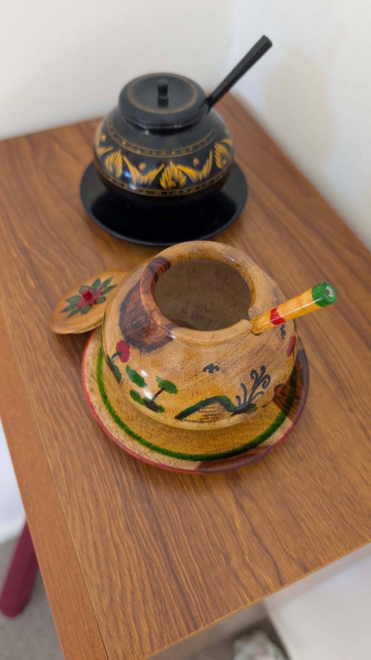 Handcrafted Wooden Pot with Lid & Spoon  | Artisanal Hand-Painted Condiment Jar (Pair)