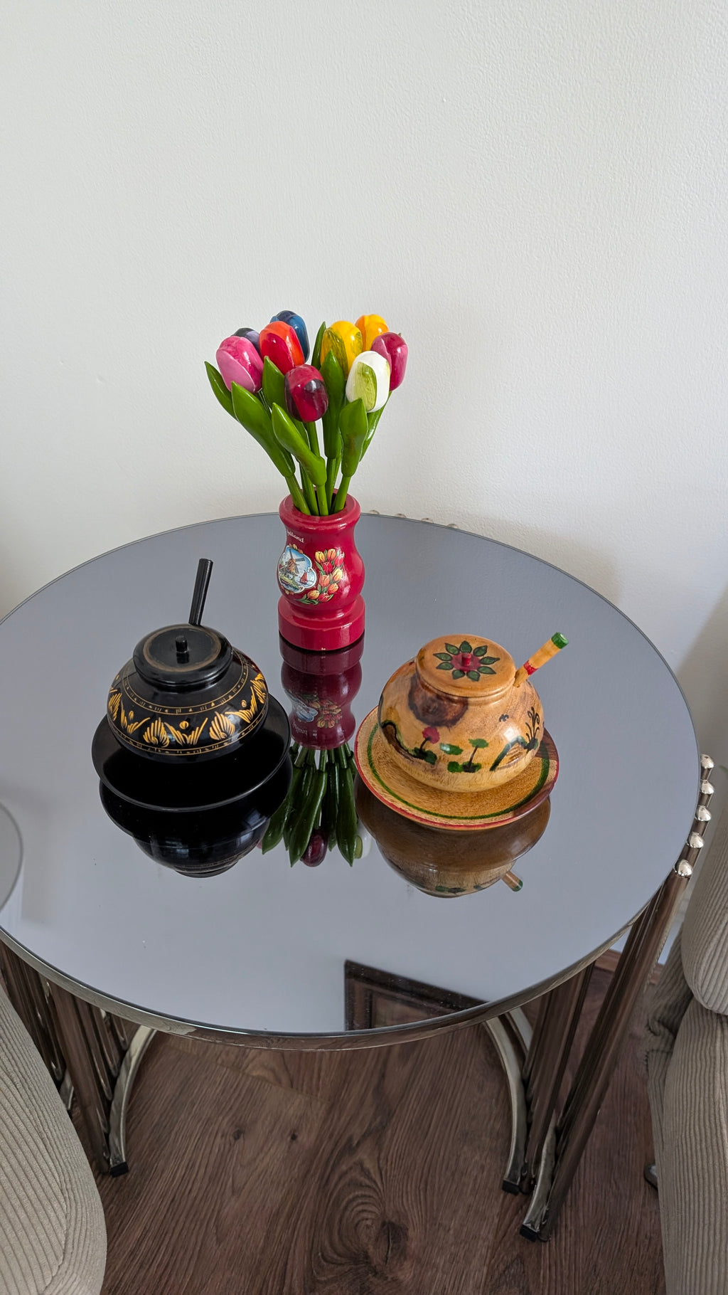 Handcrafted Wooden Pot with Lid & Spoon  | Artisanal Hand-Painted Condiment Jar (Pair)