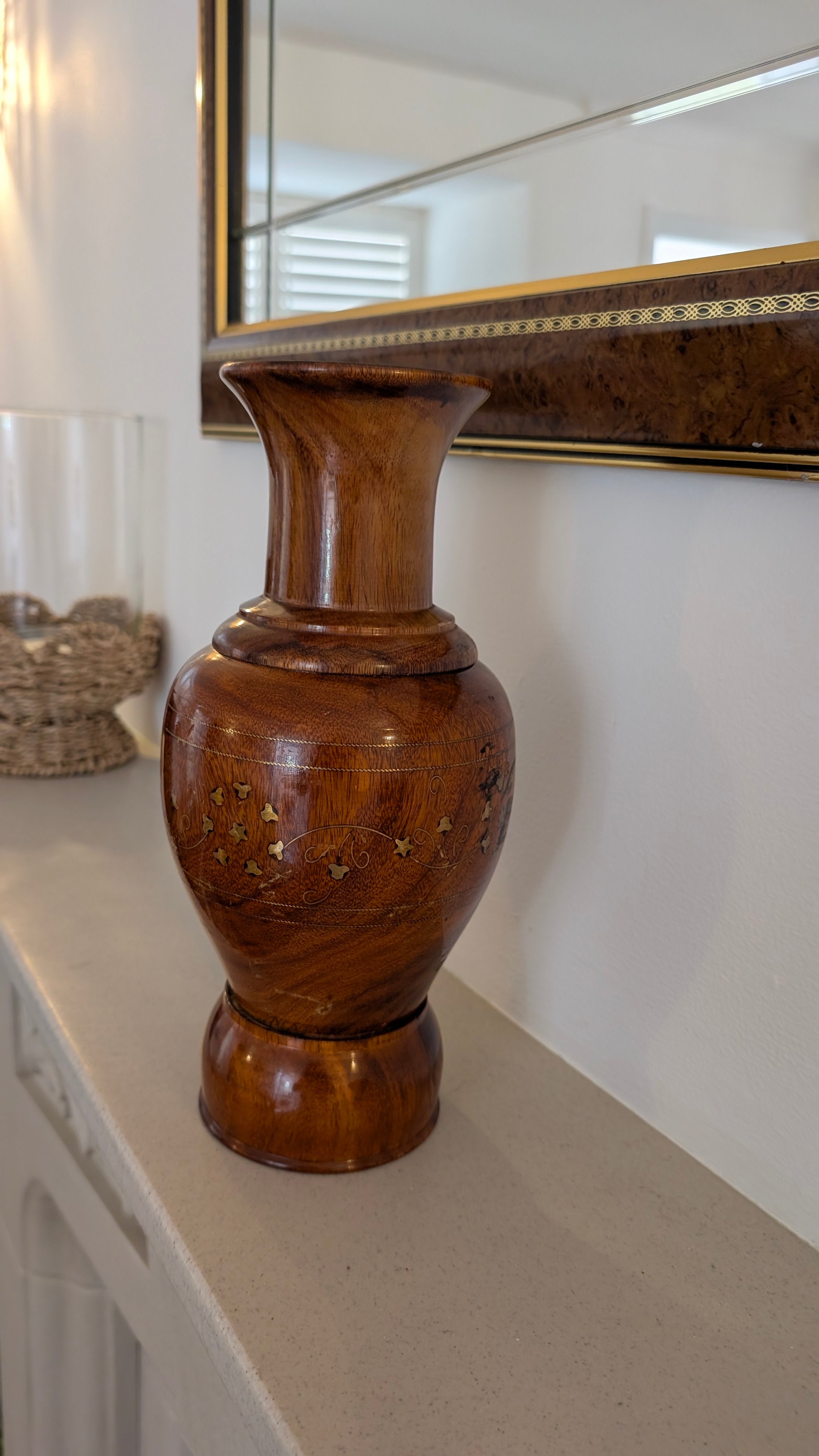 Hand-Turned Wooden Vase with Brass Inlay – Decor Accent (12 Inches)