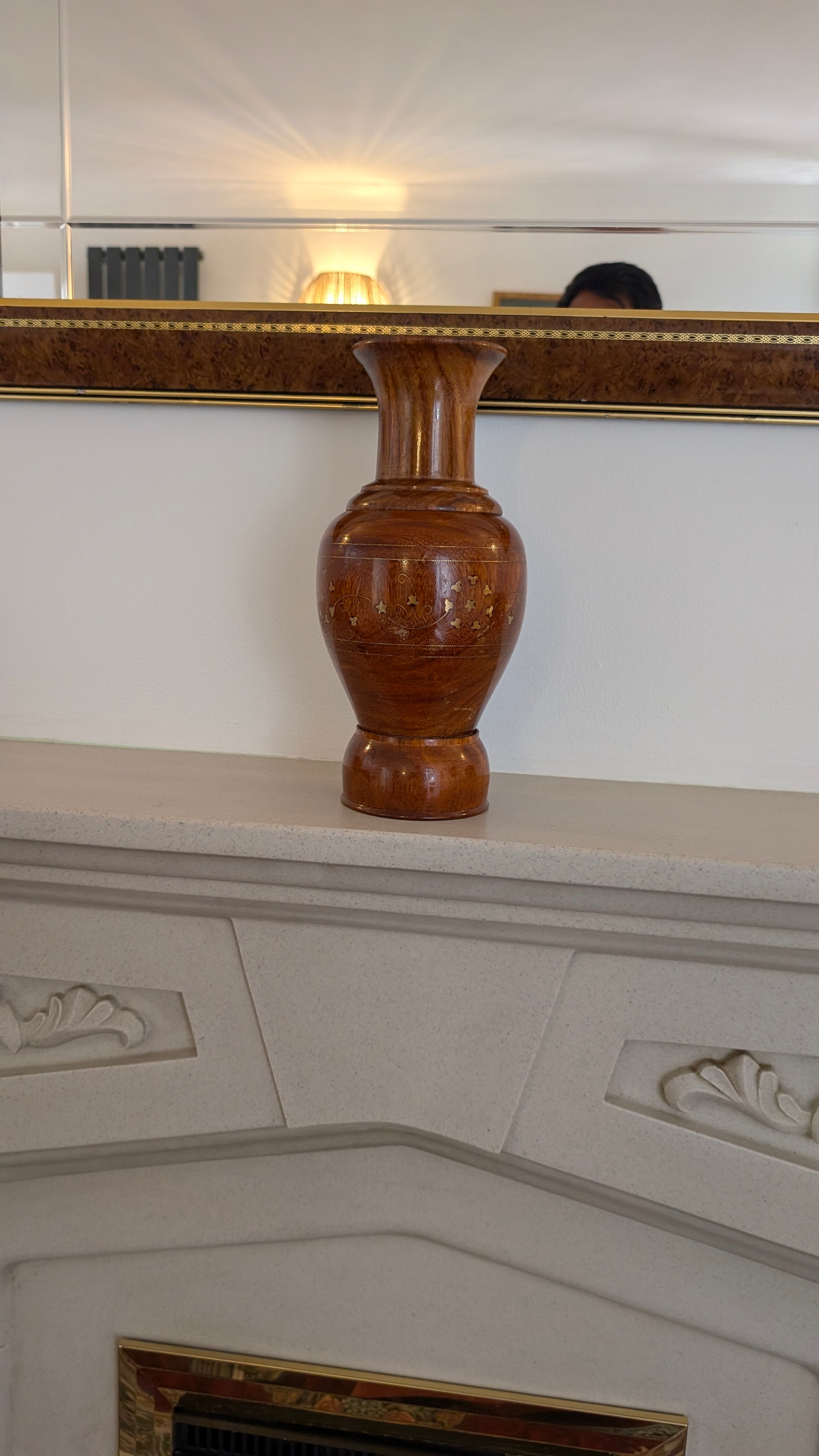 Hand-Turned Wooden Vase with Brass Inlay – Decor Accent (12 Inches)