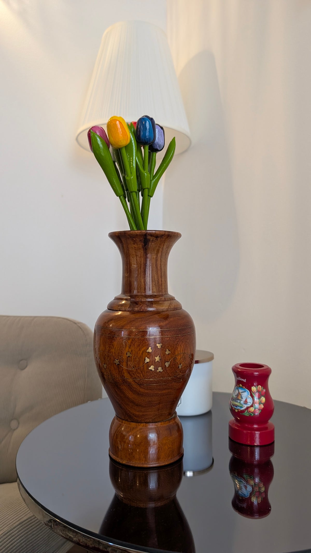 Hand-Turned Wooden Vase with Brass Inlay – Decor Accent (12 Inches)