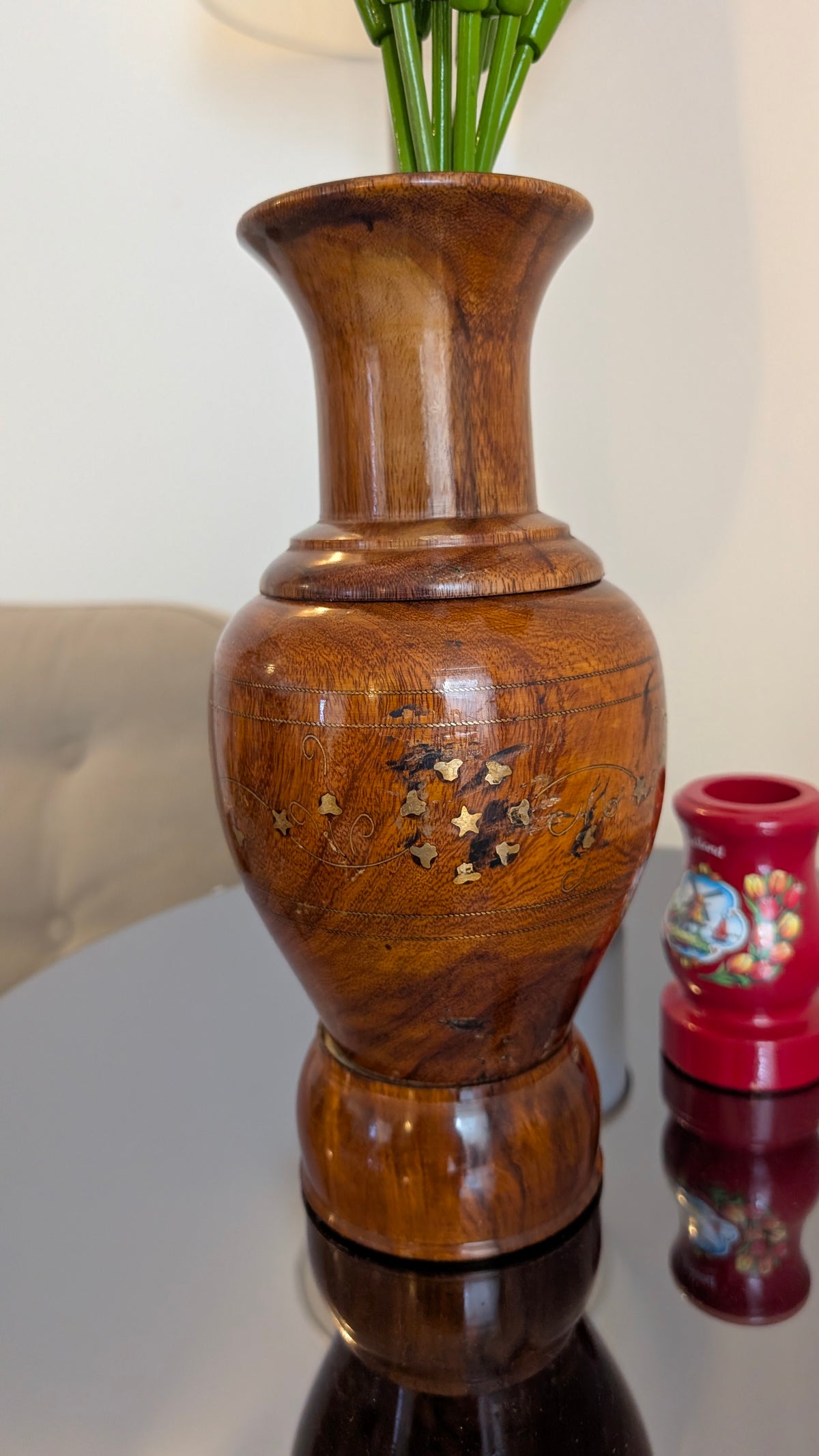 Hand-Turned Wooden Vase with Brass Inlay – Decor Accent (12 Inches)