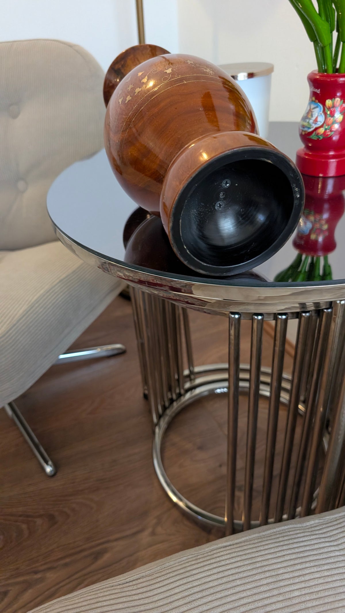 Hand-Turned Wooden Vase with Brass Inlay – Decor Accent (12 Inches)