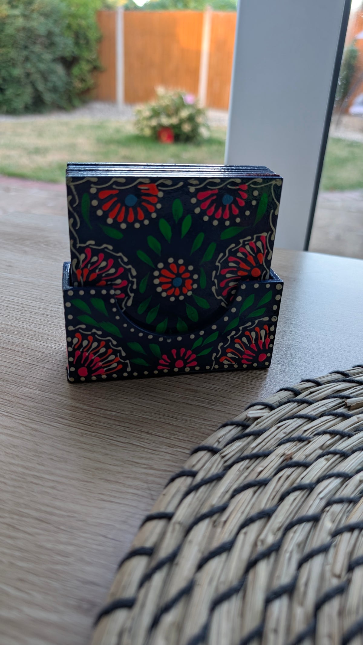 Hand-Painted Wooden Drink Coasters with Holder | Traditional Multani Floral Art