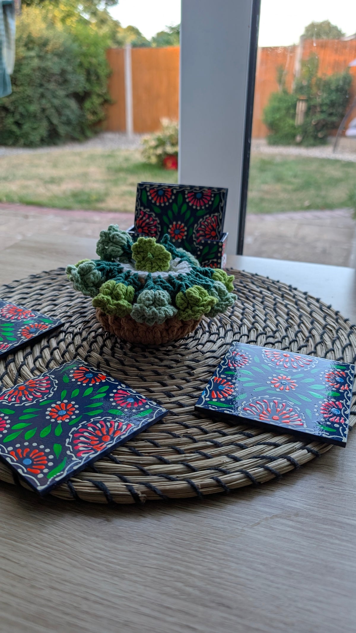 Hand-Painted Wooden Drink Coasters with Holder | Traditional Multani Floral Art